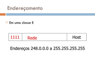 Endereçamento Em uma classe E 1111 Rede Host Endereços 248.0.0.0 a 255.255.255.255 