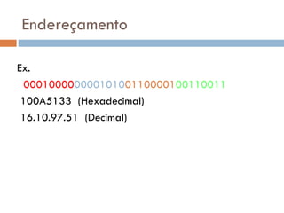 Endereçamento Ex. 00010000 00001010 01100001 00110011 100A5133  (Hexadecimal) 16.10.97.51  (Decimal) 