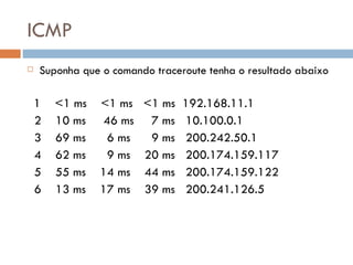 ICMP Suponha que o comando traceroute tenha o resultado abaixo 1  <1 ms  <1 ms  <1 ms  192.168.11.1 2  10 ms  46 ms  7 ms  10.100.0.1 3  69 ms  6 ms  9 ms  200.242.50.1 4  62 ms  9 ms  20 ms  200.174.159.117 5  55 ms  14 ms  44 ms  200.174.159.122 6  13 ms  17 ms  39 ms  200.241.126.5 