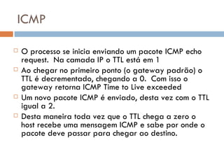 ICMP O processo se inicia enviando um pacote ICMP echo request.  Na camada IP o TTL está em 1 Ao chegar no primeiro ponto (o gateway padrão) o TTL é decrementado, chegando a 0.  Com isso o gateway retorna ICMP Time to Live exceeded Um novo pacote ICMP é enviado, desta vez com o TTL igual a 2. Desta maneira toda vez que o TTL chega a zero o host recebe uma mensagem ICMP e sabe por onde o pacote deve passar para chegar ao destino. 