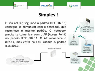 Simples !
O seu celular, seguindo o padrão IEEE 802.15,
consegue se comunicar com o notebook, que
reconhece o mesmo padrão. O notebook
precisa se comunicar com o AP (Access Point)
no padrão IEEE 802.11. O AP reconhece o
802.11, mas entra na LAN usando o padrão
IEEE 802.3.
 