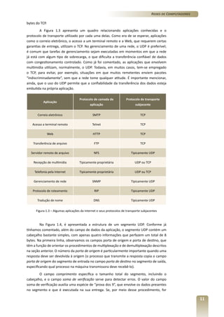 Redes de Computadores
bytes do TCP.
A Figura 1.3 apresenta um quadro relacionando aplicações conhecidas e o
protocolo de transporte utilizado por cada uma delas. Como era de se esperar, aplicações
como o correio eletrônico, o acesso a um terminal remoto e a Web, que requerem certas
garantias de entrega, utilizam o TCP. No gerenciamento de uma rede, o UDP é preferível;
é comum que tarefas de gerenciamento sejam executadas em momentos em que a rede
já está com algum tipo de sobrecarga, o que dificulta a transferência confiável de dados
com congestionamento controlado. Como já foi comentado, as aplicações que envolvem
multimídia utilizam, normalmente, o UDP. Todavia, em muitos casos, tem-se empregado
o TCP, para evitar, por exemplo, situações em que muitos remetentes enviem pacotes
“indiscriminadamente”, sem que a rede tome qualquer atitude. É importante mencionar,
ainda, que o uso do UDP permite que a confiabilidade da transferência dos dados esteja
embutida na própria aplicação.
Protocolo de camada de

Protocolo de transporte

aplicação

subjacente

Correio eletrônico

SMTP

TCP

Acesso a terminal remoto

Telnet

TCP

Web

HTTP

TCP

Transferência de arquivo

FTP

TCP

Servidor remoto de arquivo

NFS

Tipicamente UDP

Recepção de multimídia

Tipicamente proprietária

UDP ou TCP

Telefonia pela Internet

Tipicamente proprietária

UDP ou TCP

Gerenciamento de rede

SNMP

Tipicamente UDP

Protocolo de roteamento

RIP

Tipicamente UDP

Tradução de nome

DNS

Tipicamente UDP

Aplicação

Figura 1.3 – Algumas aplicações da Internet e seus protocolos de transporte subjacentes

Na Figura 1.4, é apresentada a estrutura de um segmento UDP. Conforme já
tínhamos comentado, além do campo de dados da aplicação, o segmento UDP contém um
cabeçalho bastante simples, com apenas quatro informações que perfazem um total de 8
bytes. Na primeira linha, observamos os campos porta de origem e porta de destino, que
têm a função de orientar os procedimentos de multiplexação e de demultiplexação descritos
na seção anterior. O número da porta de origem é particularmente importante quando uma
resposta deve ser devolvida à origem (o processo que transmite a resposta copia o campo
porta de origem do segmento de entrada no campo porta de destino no segmento de saída,
especificando qual processo na máquina transmissora deve recebê-lo).
O campo comprimento especifica o tamanho total do segmento, incluindo o
cabeçalho, e o campo soma de verificação serve para detectar erros. O valor do campo
soma de verificação auxilia uma espécie de “prova dos 9”, que envolve os dados presentes
no segmento e que é executada na sua entrega. Se, por meio desse procedimento, for

11

 