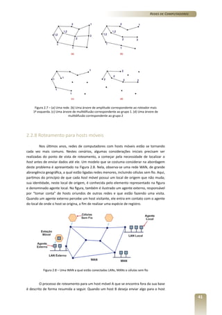 Redes de Computadores

Figura 2.7 – (a) Uma rede. (b) Uma árvore de amplitude correspondente ao roteador mais
1ª esquerda. (c) Uma árvore de multidifusão correspondente ao grupo 1. (d) Uma árvore de
multidifusão correspondente ao grupo 2

2.2.8 Roteamento para hosts móveis
Nos últimos anos, redes de computadores com hosts móveis estão se tornando
cada vez mais comuns. Nestes cenários, algumas considerações iniciais precisam ser
realizadas do ponto de vista de roteamento, a começar pela necessidade de localizar o
host antes de enviar dados até ele. Um modelo que se costuma considerar na abordagem
deste problema é apresentado na Figura 2.8. Nela, observa-se uma rede WAN, de grande
abrangência geográfica, a qual estão ligadas redes menores, incluindo células sem fio. Aqui,
partimos do princípio de que cada host móvel possui um local de origem que não muda;
sua identidade, neste local de origem, é conhecida pelo elemento representado na figura
e denominado agente local. Na figura, também é ilustrado um agente externo, responsável
por “tomar conta” de hosts oriundos de outras redes e que estão fazendo uma visita.
Quando um agente externo percebe um host visitante, ele entra em contato com o agente
do local de onde o host se origina, a fim de realizar uma espécie de registro.

Figura 2.8 – Uma WAN a qual estão conectadas LANs, MANs e células sem fio

O processo de roteamento para um host móvel A que se encontra fora da sua base
é descrito de forma resumida a seguir. Quando um host B deseja enviar algo para o host

41

 