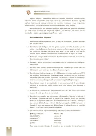 Redes de Computadores

Aprenda Praticando

Agora é chegada a hora de você praticar os conceitos aprendidos. Para isso, alguns
exercícios foram selecionados para você avaliar seu entendimento do nosso segundo
capítulo. Você deverá procurar entender os exercícios resolvidos e suas respectivas
respostas com o intuito de consolidar os conceitos aprendidos neste capítulo.
Algumas questões dos exercícios propostos fazem parte das atividades somativas
que você deverá responder em relação ao capítulo 2, do Volume 2, de acordo com as
orientações e prazos sugeridos pelo seu professor e tutor.

Lista de exercícios propostos
1.	 Realize uma análise comparativa entre as redes de datagramas e as redes baseadas
em circuitos virtuais.
2.	 Considere a rede da Figura 2.5, mas ignore os pesos nas linhas. Suponha que ela
utilize a inundação como algoritmo de roteamento. Se um pacote enviado por A
até D tem uma contagem máxima de saltos igual a 3, liste todas as rotas que ele
seguirá. Depois, informe quantos saltos o pacote consome de largura de banda.
3.	 Explique o princípio de funcionamento do roteamento hierárquico. Quais são os
benefícios dessa estratégia?
4.	 Compare e aponte as diferenças entre os algoritmos de estado de enlace e de vetor
de distância.
5.	 Descreva como acontece o roteamento de pacotes para hosts que podem estar em
trânsito, isto é, em locais que não são seus locais de origem.
6.	 Considere o envio de um datagrama de 2400 bytes por um enlace que tem uma MTU
de 700 bytes. Suponha que o datagrama original esteja marcado com o número
de identificação 258. Quantos fragmentos são gerados? Quais são os valores dos
diversos campos dos datagramas IP gerados com respeito à fragmentação?
7.	 Suponha que, em vez de serem utilizados 16 bits na parte de rede de um endereço
de classe B, tenham sido usados 20 bits. Nesse caso, quantas redes da classe B
existiriam?
8.	 A máscara de subrede de uma rede na Internet é 255.255.240.0. Qual é o número
máximo de hosts que ela pode manipular?
9.	 Considere um roteador que interconecta três subredes: Subrede 1, Subrede 2
e Subrede 3. Suponha que todas as interfaces de cada uma dessas três subredes
tenha de ter o prefixo 223.1.17/24. Suponha também que a Subrede 1 tenha que
suportar até 63 interfaces, a Subrede 2 tenha que suportar até 95 interfaces e a
Subrede 3 tenha que suportar até 16 interfaces. Dê três endereços de rede (da
forma a.b.c.d/x) que satisfaçam essas limitações.
10.	 Um roteador tem as seguintes entradas (CIDR) em sua tabela de roteamento:
	

	

52

Endereço / máscara		
Próximo salto
135.46.56.0/22			Interface 0
135.46.60.0/22			Interface 1
192.53.40.0/23			Roteador 1
padrão				
Roteador 2
Para cada um dos endereços IP a seguir, o que o roteador fará se chegar um

 