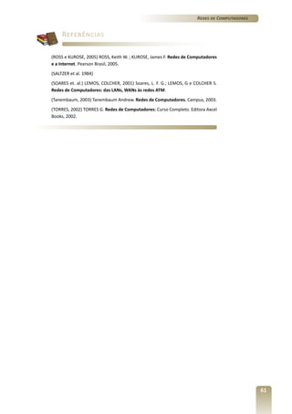Redes de Computadores

Referências
	

(ROSS e KUROSE, 2005) ROSS, Keith W. ; KUROSE, James F. Redes de Computadores
e a Internet. Pearson Brasil, 2005.

	

(SALTZER et al. 1984)

	

(SOARES et. al.) LEMOS, COLCHER, 2001) Soares, L. F. G.; LEMOS, G e COLCHER S.
Redes de Computadores: das LANs, WANs às redes ATM.

	

(Tanembaum, 2003) Tanembaum Andrew. Redes de Computadores. Campus, 2003.

	

(TORRES, 2002) TORRES G. Redes de Computadores: Curso Completo. Editora Axcel
Books, 2002.

61

 