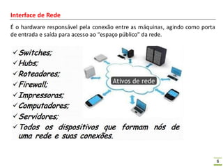 8
Interface de Rede
É o hardware responsável pela conexão entre as máquinas, agindo como porta
de entrada e saída para acesso ao “espaço público” da rede.
 