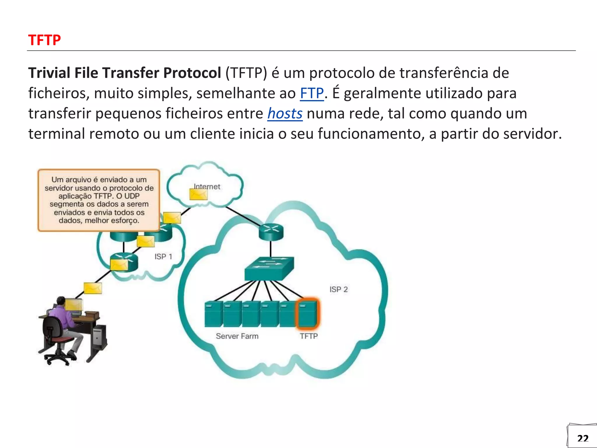 22
TFTP
Trivial File Transfer Protocol (TFTP) é um protocolo de transferência de
ficheiros, muito simples, semelhante ao FTP. É geralmente utilizado para
transferir pequenos ficheiros entre hosts numa rede, tal como quando um
terminal remoto ou um cliente inicia o seu funcionamento, a partir do servidor.
 