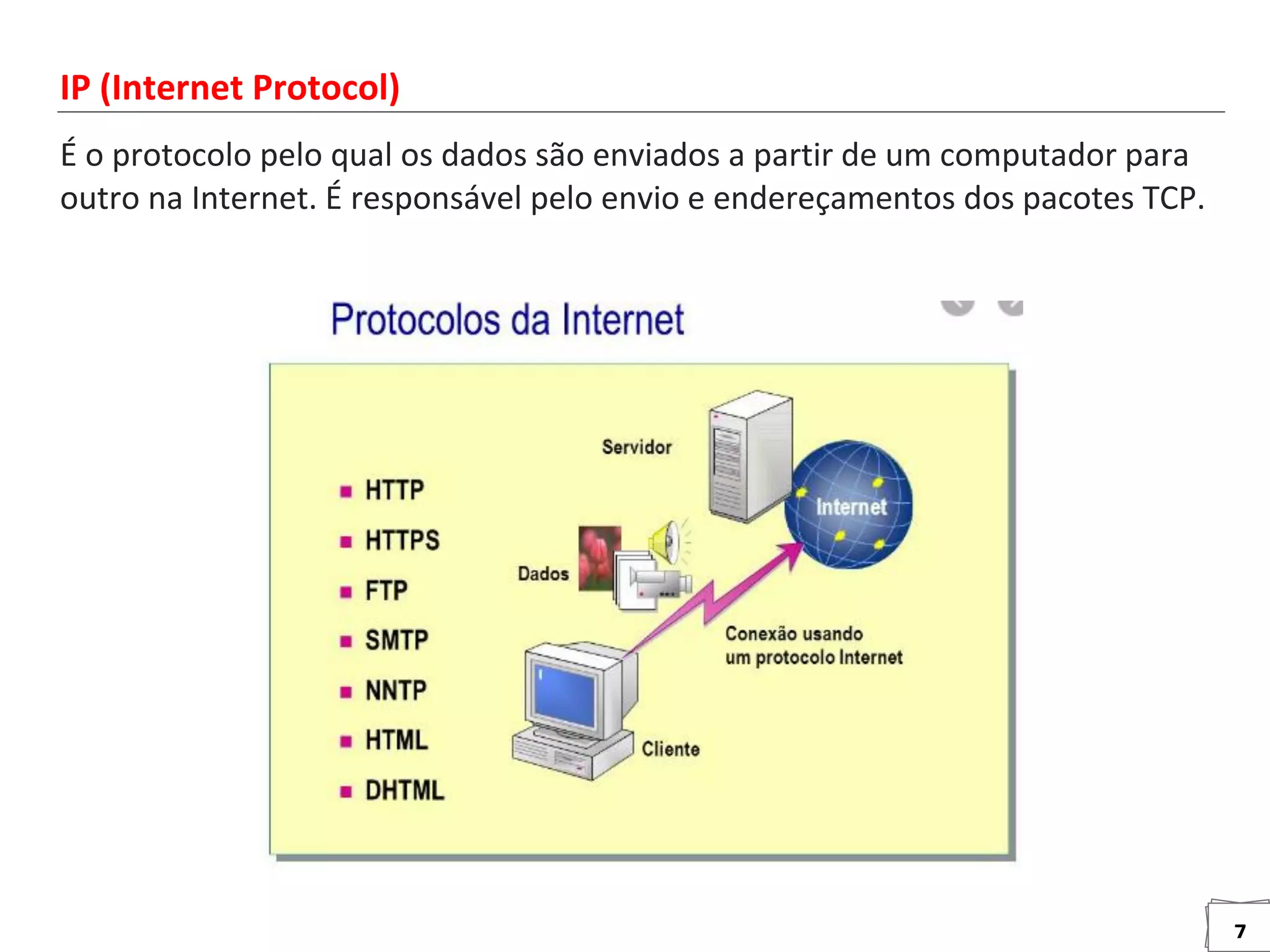 7
IP (Internet Protocol)
É o protocolo pelo qual os dados são enviados a partir de um computador para
outro na Internet. É responsável pelo envio e endereçamentos dos pacotes TCP.
 