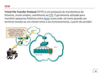 22
TFTP
Trivial File Transfer Protocol (TFTP) é um protocolo de transferência de
ficheiros, muito simples, semelhante ao FTP. É geralmente utilizado para
transferir pequenos ficheiros entre hosts numa rede, tal como quando um
terminal remoto ou um cliente inicia o seu funcionamento, a partir do servidor.
 