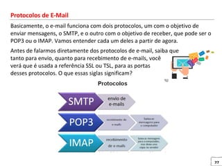 27
Protocolos de E-Mail
Basicamente, o e-mail funciona com dois protocolos, um com o objetivo de
enviar mensagens, o SMTP, e o outro com o objetivo de receber, que pode ser o
POP3 ou o IMAP. Vamos entender cada um deles a partir de agora.
Antes de falarmos diretamente dos protocolos de e-mail, saiba que
tanto para envio, quanto para recebimento de e-mails, você
verá que é usada a referência SSL ou TSL, para as portas
desses protocolos. O que essas siglas significam?
 