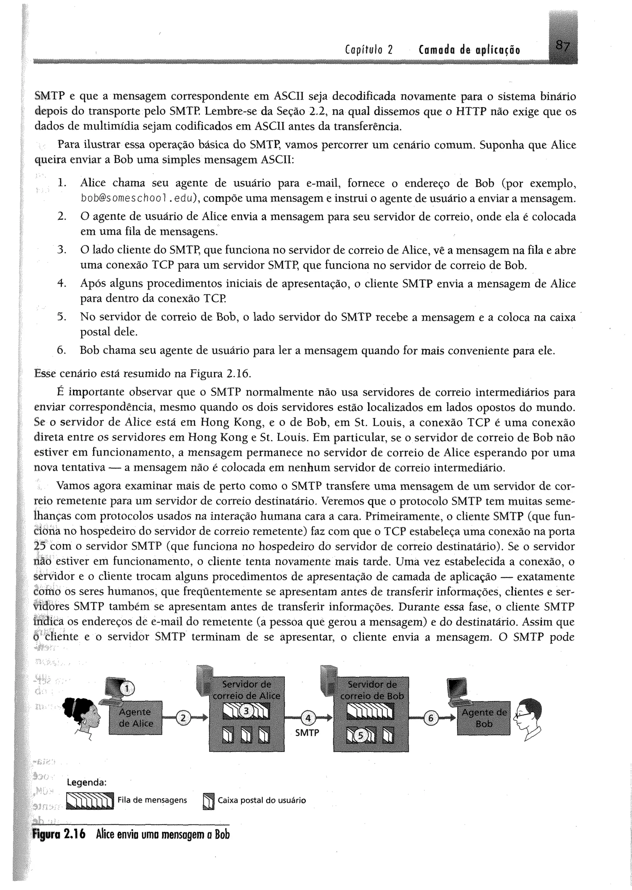 Capítulo 2 Camada da aplicação
SMTP e que a mensagem correspondente em ASCII seja decodificada novamente para o sistema binário
depois do transporte pelo SMTP. Lembre-se da Seção 2.2, na qual dissemos que o HTTP não exige que os
dados de multimídia sejam codificados em ASCII antes da transferência.
Para ilustrar essa operação básica do SMTP, vamos percorrer um cenário comum. Suponha que Alice
queira enviar a Bob uma simples mensagem ASCII:
1. Alice chama seu agente de usuário para e-mail, fornece o endereço de Bob (por exemplo,
bob@someschool. edu), compõe uma mensagem e instrui o agente de usuário a enviar a mensagem.
2. O agente de usuário de Alice envia a mensagem para seu servidor de correio, onde ela é colocada
em uma fila de mensagens.
3. O lado cliente do SMTP, que funciona no servidor de correio de Alice, vê a mensagem na fila e abre
uma conexão TCP para um servidor SMTP, que funciona no servidor de correio de Bob.
4. Após alguns procedimentos iniciais de apresentação, o cliente SMTP envia a mensagem de Alice
para dentro da conexão TCP
5. No servidor de correio de Bob, o lado servidor do SMTP recebe a mensagem e a coloca na caixa
postal dele.
6. Bob chama seu agente de usuário para 1er a mensagem quando for mais conveniente para ele.
Esse cenário está resumido na Figura 2.16.
É importante observar que o SMTP normalmente não usa servidores de correio intermediários para
enviar correspondência, mesmo quando os dois servidores estão localizados em lados opostos do mundo.
Se o servidor de Alice está em Hong Kong, e o de Bob, em St. Louis, a conexão TCP é uma conexão
direta entre os servidores em Hong Kong e St. Louis. Em particular, se o servidor de correio de Bob não
estiver em funcionamento, a mensagem permanece no servidor de correio de Alice esperando por uma
nova tentativa — a mensagem não é colocada em nenhum servidor de correio intermediário.
Vamos agora examinar mais de perto como o SMTP transfere uma mensagem de um servidor de cor­
reio remetente para um servidor de correio destinatário. Veremos que o protocolo SMTP tem muitas seme­
lhanças com protocolos usados na interação humana cara a cara. Primeiramente, o clie n te SMTP (que fun-
èíóna no hospedeiro do servidor de correio remetente) faz com que o TCP estabeleça uma conexão na porta
25 com o servidor SMTP (que funciona no hospedeiro do servidor de correio destinatário). Se o servidor
áiò estiver em funcionamento, o cliente tenta novamente mais tarde, Uma vez estabelecida a conexão, o
servidor e o cliente trocam alguns procedimentos de apresentação de camada de aplicação — exatamente
como os seres humanos, que frequentemente se apresentam antes de transferir informações, clientes e ser-
fíífores SMTP também se apresentam antes de transferir informações. Durante essa fase, o cliente SMTP
ttitica os endereços de e-mail do remetente (a pessoa que gerou a mensagem) e do destinatário. Assim que
è tliente e o servidor SMTP terminam de se apresentar, o cliente envia a mensagem. O SMTP pode
«r
Se’viaor dp
correio de Alice
Agente
de Alice
1
SMTP
Servidor de
correio de Bob
■ Y s T n p il*
<D~
P
A gente de £ ! ■
Bob
Legenda:
Fila de mensagens
a Caixa postal do usuário
Figura 2 .1 6 Alice envia uma mensagem a Bob
 