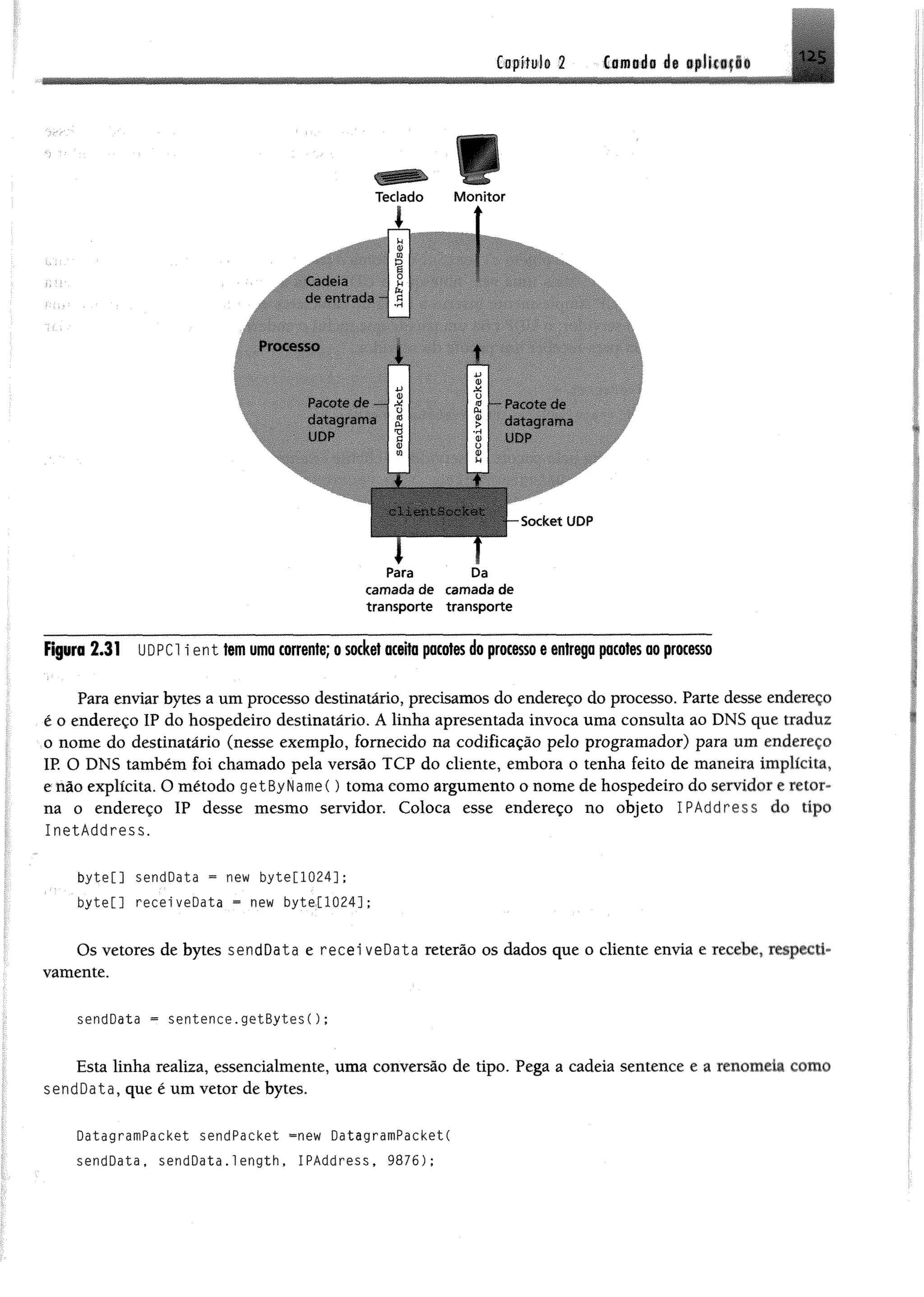 Capital© 2 •Camada it »pliiffli U S
M o n ito r
Cadeia
de entrada
Processo
Pacote de
datagram a
UDP
Pacote de
datagram a
UDP
Socket UDP
Para
cam ada de
transporte
Da
camada de
transporte
Figure 2*31 üdpci i ent tem uma corrente; osocket aceita pacotesdo processoeentrega pacotesao processo
Para enviar bytes a um processo destinatário, precisamos do endereço do processo. Parte desse endereço
é o endereço IP do hospedeiro destinatário. A linha apresentada invoca uma consulta ao DNS que traduz
o nome do destinatário (nesse exemplo, fornecido na codificação pelo programador) para um endereço
IP. O DNS também foi chamado pela versão TCP do cliente, embora o tenha feito de maneira implícita,
e não explícita. O método getByName() toma como argumento o nome de hospedeiro do servidor e retor­
na o endereço IP desse mesmo servidor. Coloca esse endereço no objeto IPAddress do tipo
InetAddress.
byted sendData - new byte[1024];
byte[] receiveData » new byte[1024];
Os vetores de bytes sendData e recei veData reterão os dados que o cliente envia e recebe, respecti­
vamente.
sendData « sentence.getBytes();
Esta linha realiza, essencialmente, uma conversão de tipo, Pega a cadeia sentence e a renomeia como
sendData, que é um vetor de bytes.
DatagramPacket sendPacket «new DatagramPacketC
sendData, sendData.1ength, IPAddress, 9876);
 