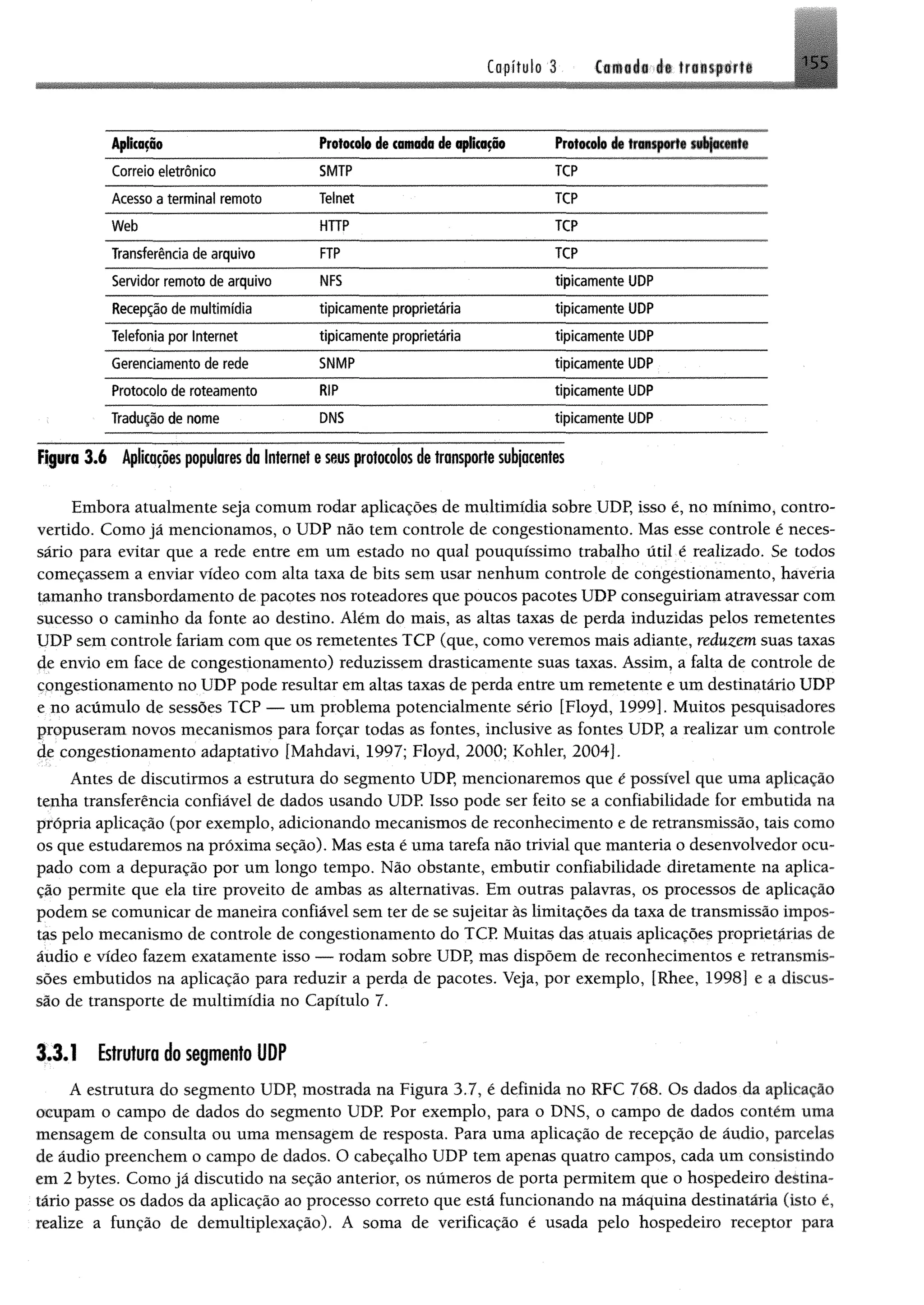Capítulo '3 i t transport! 155
ApNcoçõo Protocolo de camada de aplicação
Correio eletrônico SMTP TCP
Acesso a term inal remoto Telnet TCP
W eb HTTP TCP
Transferência de arquivo FTP TCP
Servidor remoto de arquivo NFS tipicam ente UDP
Recepção de m ultimídia tipicam ente proprietária tipicam ente UDP
Telefonia por Internet tipicam ente proprietária tipicam ente UDP
Gerenciamento de rede 5NMP tipicam ente UDP
Protocolo de roteam ento RIP tipicam ente UDP
Tradução de nome DNS tipicam ente UDP
Figura 3 .6 Aplicações populares da Internet e seus protocolos de transporte subjacentes
Embora atualmente seja comum rodar aplicações de multimídia sobre UDP, isso é, no mínimo, contro­
vertido. Como já mencionamos, o UDP não tem controle de congestionamento. Mas esse controle é neces­
sário para evitar que a rede entre em um estado no qual pouquíssimo trabalho útil é realizado. Se todos
começassem a enviar vídeo com alta taxa de bits sem usar nenhum controle de congestionamento, haveria
tamanho transbordamento de pacotes nos roteadores que poucos pacotes UDP conseguiriam atravessar com
sucesso o caminho da fonte ao destino. Além do mais, as altas taxas de perda induzidas pelos remetentes
UDP sem controle fariam com que os remetentes TCP (que, como veremos mais adiante, reduzemsuas taxas
de envio em face de congestionamento) reduzissem drasticamente suas taxas. Assim, a falta de controle de
congestionamento no UDP pode resultar em altas taxas de perda entre um remetente e um destinatário UDP
e no acúmulo de sessões TCP — um problema potencialmente sério [Floyd, 1999]. Muitos pesquisadores
propuseram novos mecanismos para forçar todas as fontes, inclusive as fontes UDP, a realizar um controle
de congestionamento adaptativo [Mahdavi, 1997; Floyd, 2000; Kohler, 2004].
Antes de discutirmos a estrutura do segmento UDP, mencionaremos que é possível que uma aplicação
tenha transferência confiável de dados usando UDP. Isso pode ser feito se a confiabilidade for embutida na
própria aplicação (por exemplo, adicionando mecanismos de reconhecimento e de retransmissão, tais como
os que estudaremos na próxima seção). Mas esta é uma tarefa não trivial que manteria o desenvolvedor ocu­
pado com a depuração por um longo tempo. Não obstante, embutir confiabilidade diretamente na aplica­
ção permite que ela tire proveito de ambas as alternativas. Em outras palavras, os processos de aplicação
podem se comunicar de maneira confiável sem ter de se sujeitar às limitações da taxa de transmissão impos­
tas pelo mecanismo de controle de congestionamento do TCP. Muitas das atuais aplicações proprietárias de
áudio e vídeo fazem exatamente isso — rodam sobre UDP, mas dispõem de reconhecimentos e retransmis­
sões embutidos na aplicação para reduzir a perda de pacotes. Veja, por exemplo, [Rhee, 1998] e a discus­
são de transporte de multimídia no Capítulo 7.
3.3.1 Estrutura do segmento UDP
A estrutura do segmento UDP, mostrada na Figura 3.7, é definida no RFC 768. Os dados da aplicação
ocupam o campo de dados do segmento UDP. Por exemplo, para o DNS, o campo de dados contém uma
mensagem de consulta ou uma mensagem de resposta. Para uma aplicação de recepção de áudio, parcelas
de áudio preenchem o campo de dados. O cabeçalho UDP tem apenas quatro campos, cada um consistindo
em 2 bytes. Como já discutido na seção anterior, os números de porta permitem que o hospedeiro destina­
tário passe os dados da aplicação ao processo correto que está funcionando na máquina destinatária (isto é,
realize a função de demultiplexação). A soma de verificação é usada pelo hospedeiro receptor para
 