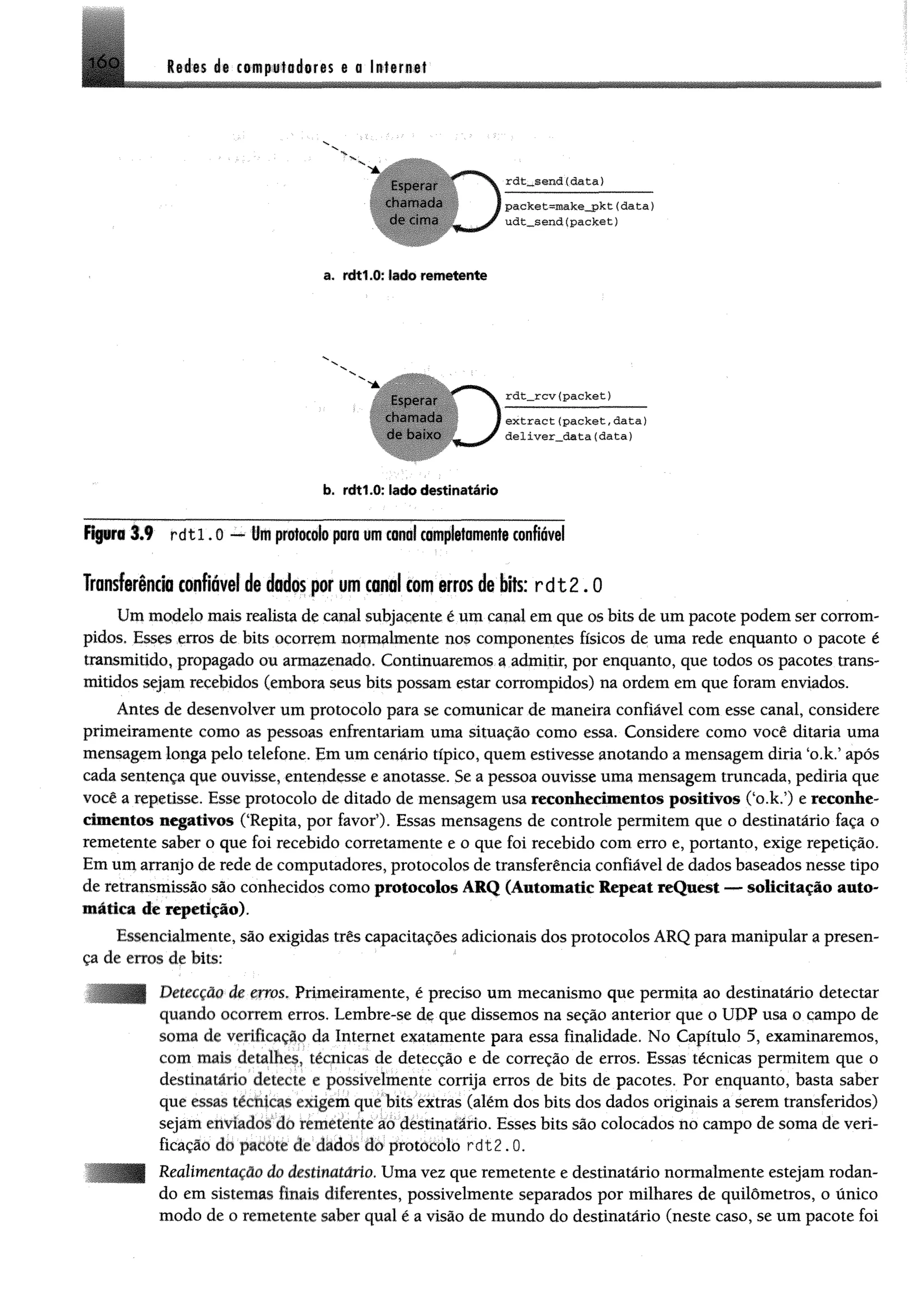 Redes dg computadores g a Itfgritgf
Esperdr
chamada
de orna
rdt_send{data}
pack@t=make_pkt (data)
udt_send(packet)
a. rdtl.O: lado remetente
Esperar
chamada
de baixo
rdt__rcv(packet )
extract(packet,data)
deliver__data(data)
b. rdtl.O: lado destinatário
fígom3.9 r d t l . O — tfm protocolo proum coral completamente confiável
Transferência confiável de dados por um canal com erros de bits:r d t 2 .0
Um modelo mais realista de canal subjacente é um canal em que os bits de um pacote podem ser corrom­
pidos. Esses erros de bits ocorrem normalmente nos componentes físicos de uma rede enquanto o pacote é
transmitido, propagado ou armazenado. Continuaremos a admitir, por enquanto, que todos os pacotes trans­
mitidos sejam recebidos (embora seus bits possam estar corrompidos) na ordem em que foram enviados.
Antes de desenvolver um protocolo para se comunicar de maneira confiável com esse canal, considere
primeiramente como as pessoas enfrentariam uma situação como essa. Considere como você ditaria uma
mensagem longa pelo telefone. Em um cenário típico, quem estivesse anotando a mensagem diria ‘o.k.5após
cada sentença que ouvisse, entendesse e anotasse. Se a pessoa ouvisse uma mensagem truncada, pediria que
você a repetisse. Esse protocolo de ditado de mensagem usa reconhecimentos positivos ('o.k,5) e reconhe­
cimentos negativos (‘Repita, por favor5). Essas mensagens de controle permitem que o destinatário faça o
remetente saber o que foi recebido corretamente e o que foi recebido com erro e, portanto, exige repetição.
Em um arranjo de rede de computadores, protocolos de transferência confiável de dados baseados nesse tipo
de retransmissão são conhecidos como protocolos ARQ (Automatic Repeat reQuest —^solicitação auto­
mática de repetição).
Essencialmente, são exigidas três capacitações adicionais dos protocolos ARQ para manipular a presen­
ça de erros de bits:
Deteccâo de erros. Primeiramente, é preciso um mecanismo que permita ao destinatário detectar
quando ocorrem erros. Lembre-se de que dissemos na seção anterior que o UDP usa o campo de
soma de verificação da Internet exatamente para essa finalidade. No Capítulo 5, examinaremos,
com mais detalhes, técnicas de detecção e de correção de erros. Essas técnicas permitem que o
destinatário detecte e possivelmente corrija erros de bits de pacotes. Por enquanto, basta saber
que essas técnicas exigem que bits extras (além dos bits dos dados originais a serem transferidos)
sejam enviados do remetente ao destinatário. Esses bits são colocados no campo de soma de veri­
ficação do pacote de dados do protocolo rdt2.0.
Realimauíuao do desiimtario. Uma vez que remetente e destinatário normalmente estejam rodan­
do em sistemas finais diferentes, possivelmente separados por milhares de quilômetros, o único
modo de o remetente saber qual é a visão de mundo do destinatário (neste caso, se um pacote foi
 