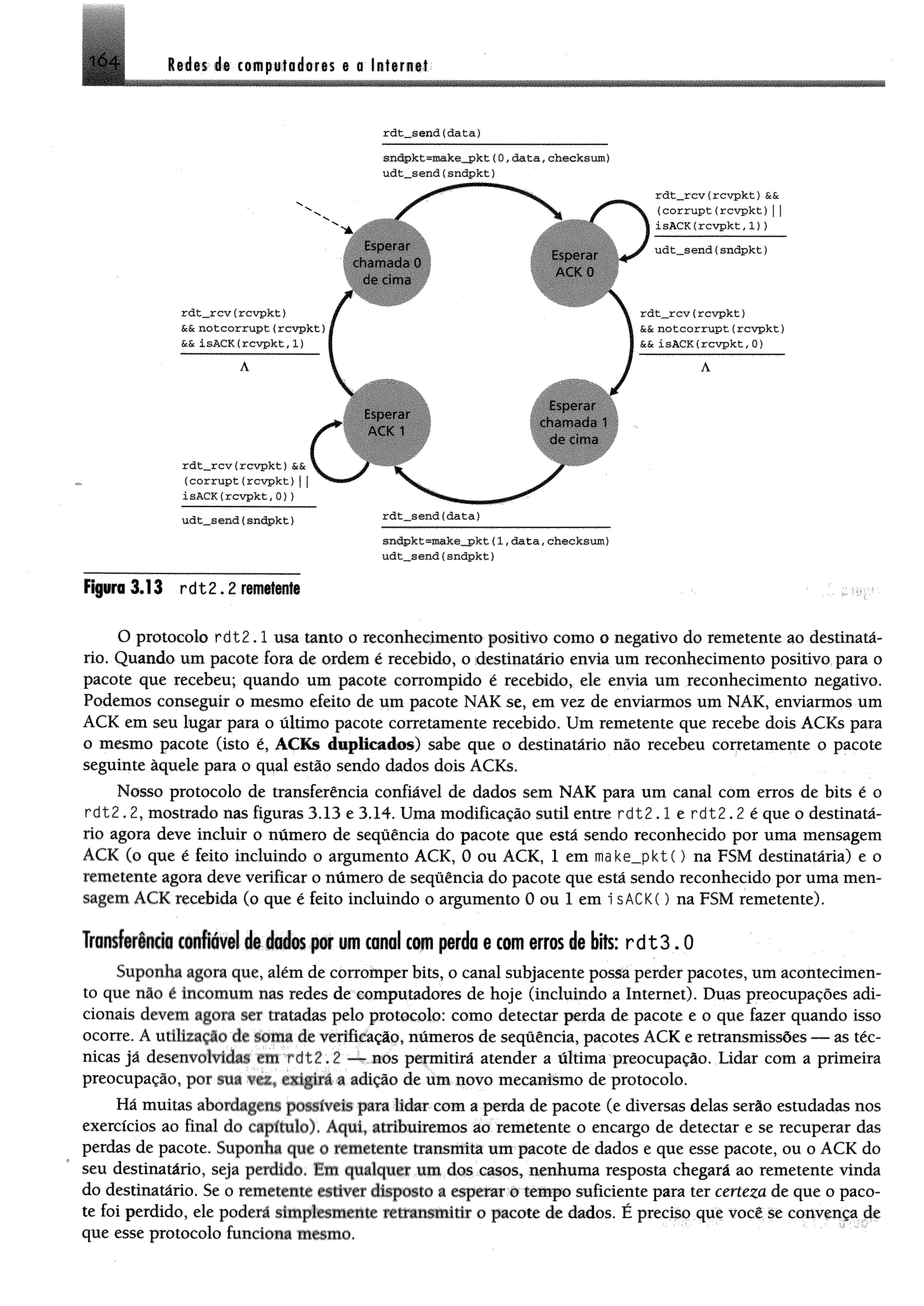 Iidss át cofflpvtadflres e o tutír»«!
rdt_send{data)
sndpkt*inake__pkt {O,data, checksura)
udt_send(sndpkt}
rdt_rcv(rcvpkt)
&& notcorrupt{rcvpkt)
&& isACK{rcvpkt,1)
rdt_rcv {rcvpkt)&&
{corrupt{rcvpkt)|
isACK{rcvpkt,0 ))
udt_send{sndpkt)
Figura 3.13 r d t 2 .2 remetente
Esperar
chamada 0
ae cima
Espera»*
ACK 1
rdt_send{data)
Esperar
ACK 0
Esperar
chamada 1
de cima
sndpkt=make_jpkt {1,data,checksum)
udt_send{sndpkt)
rdt_rcv {rcvpkt)&&
{corrupt{rcvpkt)|j
isACK{rcvpkt,1))
udt_send(sndpkt)
rdt„rcv{rcvpkt)
&& notcorrupt(rcvpkt)
Sc.Sc isACK (rcvpkt, 0)
O protocolo rdt2.1 usa tanto o reconhecimento positivo como o negativo do remetente ao destinatá­
rio. Quando um pacote fora de ordem é recebido, o destinatário envia um reconhecimento positivo para o
pacote que recebeu; quando um pacote corrompido é recebido, ele envia um reconhecimento negativo.
Podemos conseguir o mesmo efeito de um pacote NAK se, em vez de enviarmos um NAK, enviarmos um
ACK em seu lugar para o último pacote corretamente recebido. Um remetente que recebe dois ACKs para
o mesmo pacote (isto é, ACKs duplicados) sabe que o destinatário não recebeu corretamente o pacote
seguinte àquele para o qual estão sendo dados dois ACKs.
Nosso protocolo de transferência confiável de dados sem NAK para um canal com erros de bits é o
rdt2.2, mostrado nas figuras 3.13 e 3.14. Uma modificação sutil entre rdt2. 1 e rdt2.2 é que o destinatá­
rio agora deve incluir o número de seqüência do pacote que está sendo reconhecido por uma mensagem
ACK (o que é feito incluindo o argumento ACK, 0 ou ACK, 1 em make_pkt() na FSM destinatária) e o
remetente agora deve verificar o número de seqüência do pacote que está sendo reconhecido por uma men­
sagem ACK recebida (o que é feito incluindo o argumento 0 ou 1 em i sACK() na FSM remetente).
Transhrêndfl confiável à ifoios por um canal com perda e com erros de bits:r d t 3 .0
Suponha agora que, além de corromper bits, o canal subjacente possa perder pacotes, um acontecimen­
to que nau e nu umum nas redes de computadores de hoje (incluindo a Internet). Duas preocupações adi­
cionais devi m agoia si r (ratadas pelo protocolo: como detectar perda de pacote e o que fazer quando isso
ocorre. A utilização de soma de verificação, números de seqüência, pacotes ACK e retransmissões — as téc­
nicas já desenvolvidas cm rdt2.2 — nos permitirá atender a última preocupação. Lidar com a primeira
preocupação, por sua vez. exigirá a adição de um novo mecanismo de protocolo.
Há muitas abordagens possíveis para lidar com a perda de pacote (e diversas delas serão estudadas nos
exercícios ao final do eapnulo). Áqui, atribuiremos ao remetente o encargo de detectar e se recuperar das
perdas de pacote. Suponha que o remetente transmita um pacote de dados e que esse pacote, ou o ACK do
seu destinatário, seja perdido l.m qualquer um dos casos, nenhuma resposta chegará ao remetente vinda
do destinatário. Se o remeu-uie rsm er disposto a esperar o tempo suficiente para ter certeza de que o paco­
te foi perdido, ele poderá simplesmente retransmitir o pacote de dados. É preciso que você se convença de
que esse protocolo funciona mesmo.
 
