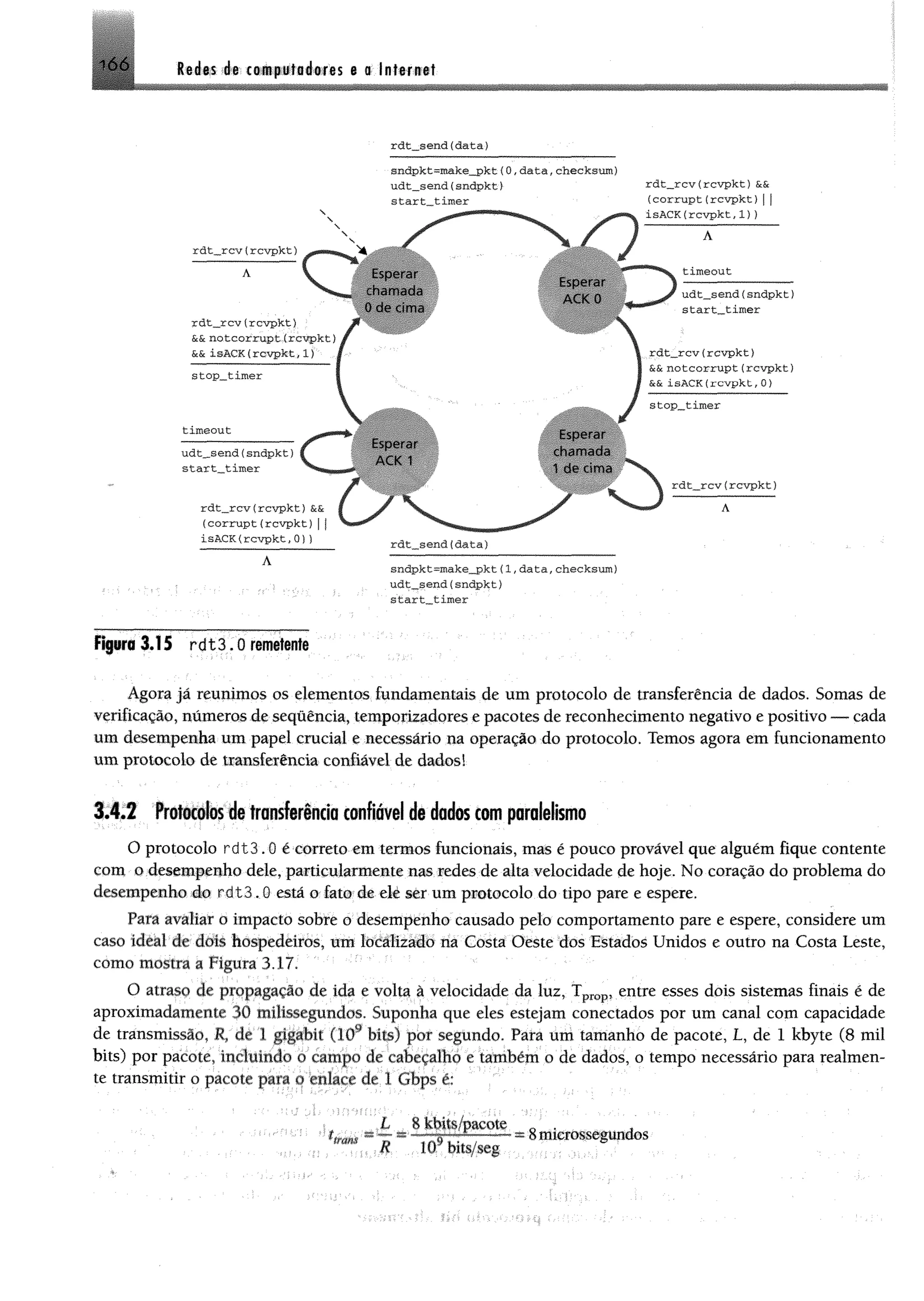 ô 6 Redes de computadores e a Internet
rdt_send{data)
sndpkt=make_pkt (O
udt__send{sndpkt )
start timer
data,checksum)
rdt__rcv {rcvpkt )
c Esporar
chamada
0 do cima
Esperar
ACK0
1 de cim a
sndpkt=make__pkt (1
udt_send(sndpkt)
start_timer
data,checksum)
rdt_rcv(rcvpkt)&&
{corrupt{rcvpkt)||
isACK{rcvpkt,1))
timeout
udt_send{sndpkt)
start„timer
rdt_rcv{rcvpkt)
ScSc notcorrupt (rcvpkt )
ScSt isACK (rcvpkt,0)
stop_timer
Ordt_rcv{rcvpkt)
Figura 3.15 rd13 .0 remetente
Agora já reunimos os elementos fundamentais de um protocolo de transferência de dados. Somas de
verificação, números de sequência, temporizadores e pacotes de reconhecimento negativo e positivo — cada
um desempenha um papel crucial e necessário na operação do protocolo. Temos agora em funcionamento
um protocolo de transferência confiável de dados!
3 .4 .2 Protocolos de transferência confiável de dados com paralelismo
O protocolo rd z3.0 é correto em termos funcionais, mas é pouco provável que alguém fique contente
com o desempenho dele, particularmente nas redes de alta velocidade de hoje. No coração do problema do
desempenho do r d t 3 . 0 está o fato de ele ser um protocolo do tipo pare e espere.
Para avaliar o impacto sobre o desempenho causado pelo comportamento pare e espere, considere um
caso ideal de dois hospedeiros, um localizado na Costa Oeste dos Estados Unidos e outro na Costa Leste,
como mostra a Figura 3.17.
O atraso de propagação de ida e volta à velocidade da luz, Tprop, entre esses dois sistemas finais é de
aproximadamente 30 milisscgundos. Suponha que eles estejam conectados por um canal com capacidade
de transmissão, R, de l gígahii ( QL>bits) por segundo. Para um tamanho de pacote, L, de 1 kbyte (8 mil
bits) por pacote, incluindo o campo de cabeçalho e também o de dados, o tempo necessário para realmen-
le transmitir o pacote para o enlace de I Gbps c:
L 8 kbUs/pacote 0 .
fftans = * ^ -7 ^ 77— ™ “- 8mterossegundos
R 10 bjts/seg
 