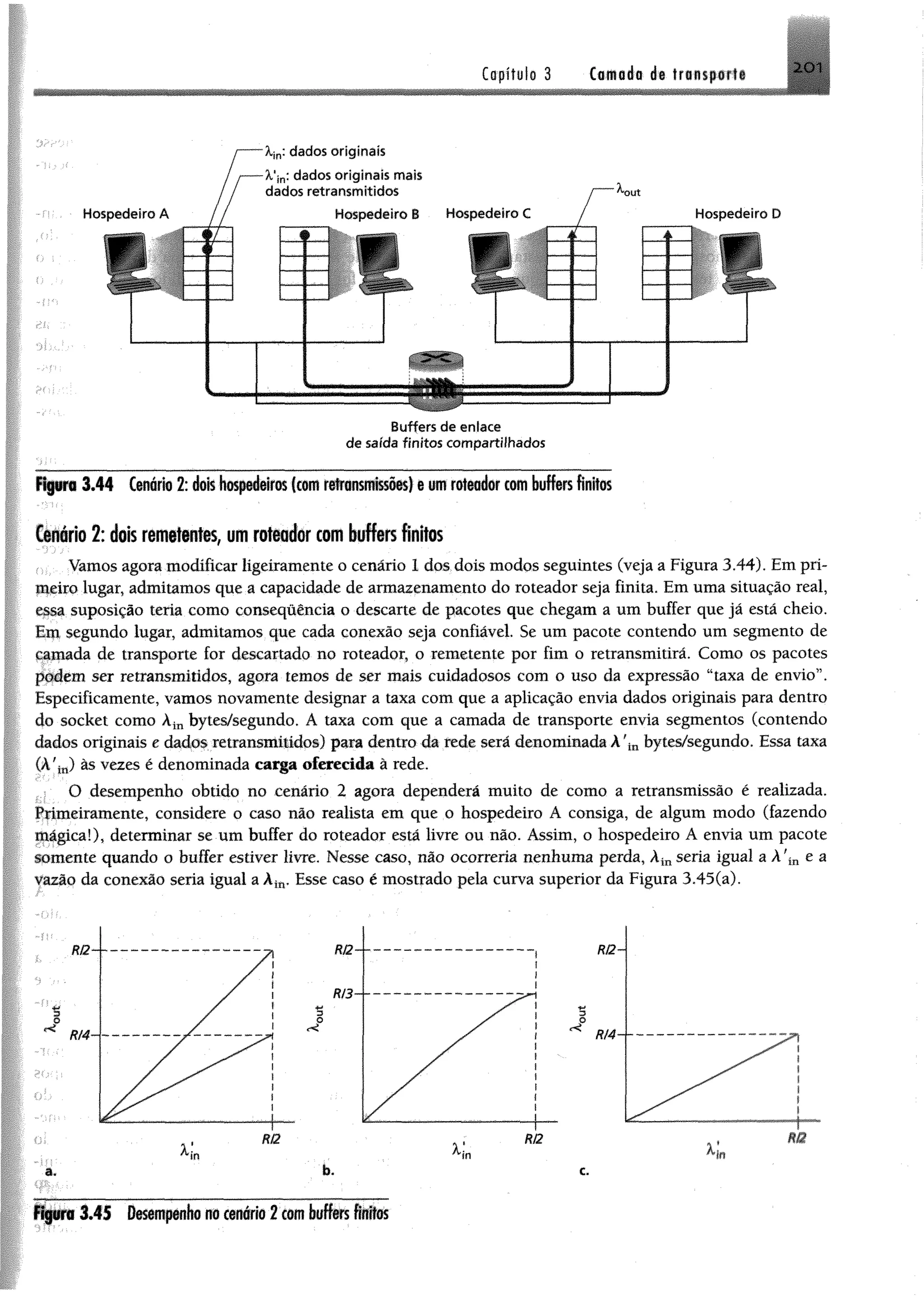 Capítulo 3 Camada de transporte 2 0 1
Figura 3.44 Cenário 2: dois hospedeiros (com retransmissões) e um roteador com buffers finitos
Cenário 2:dois remetentes, um roteador com buffersfinitos
Vamos agora modificar ligeiramente o cenário 1 dos dois modos seguintes (veja a Figura 3.44). Em pri­
meiro lugar, admitamos que a capacidade de armazenamento do roteador seja finita. Em uma situação real,
e$sa suposição teria como consequência o descarte de pacotes que chegam a um buffer que jã está cheio.
Em segundo lugar, admitamos que cada conexão seja confiável. Se um pacote contendo um segmento de
camada de transporte for descartado no roteador, o remetente por fim o retransmitirá. Como os pacotes
podem ser retransmitidos, agora temos de ser mais cuidadosos com o uso da expressão “taxa de envio”.
Especificamente, vamos novamente designar a taxa com que a aplicação envia dados originais para dentro
do socket como Àin bytes/segundo. A taxa com que a camada de transporte envia segmentos (contendo
dados originais e dados retransmitidos) para dentro da fede será denominada Àn bytes/segundo. Essa taxa
(k!in) às vezes é denominada carga oferecida à rede.
* O desempenho obtido no cenário 2 agora dependerá muito de como a retransmissão é realizada.
Primeiramente, considere o caso não realista em que o hospedeiro A consiga, de algum modo (fazendo
mágica!), determinar se um buffer do roteador está livre ou não. Assim, o hospedeiro A envia um pacote
comente quando o buffer estiver livre. Nesse caso, não ocorreria nenhuma perda, Àinseria igual a À'in e a
yazio da conexão seria igual a Àifl, Esse caso é mostrado pela curva superior da Figura 3.45(a).
Figura3 .4 5 dmmpâm m cenário 2 com M e rs finîtes
 
