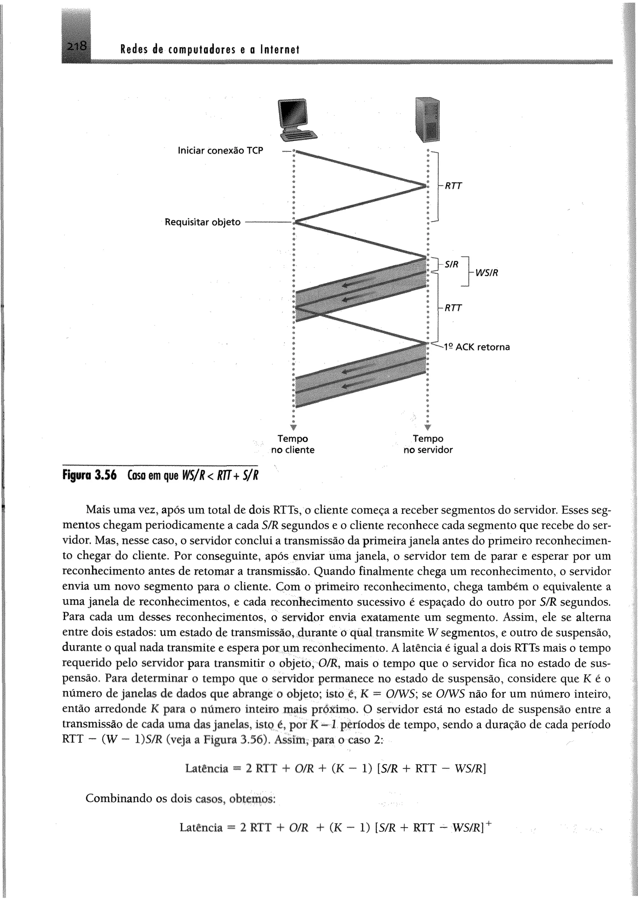 2 1 8 Redes de computadores e a Internet
r
I B i ^
T em po T em po
no cliente no servid or
Figura 3 .5 6 Coso em que WS/R<RTÍ+S/R
Mais uma vez, após um total de dois RTTs, o cliente começa a receber segmentos do servidor. Esses seg­
mentos chegam periodicamente a cada S/R segundos e o cliente reconhece cada segmento que recebe do ser­
vidor. Mas, nesse caso, o servidor conclui a transmissão da primeira janela antes do primeiro reconhecimen­
to chegar do cliente. Por conseguinte, após enviar uma janela, o servidor tem de parar e esperar por um
reconhecimento antes de retomar a transmissão. Quando finalmente chega um reconhecimento, o servidor
envia um novo segmento para o cliente. Com o primeiro reconhecimento, chega também o equivalente a
uma janela de reconhecimentos, e cada reconhecimento sucessivo é espaçado do outro por S/R segundos.
Para cada um desses reconhecimentos, o servidor envia exatamente um segmento. Assim, ele se alterna
entre dois estados: um estado de transmissão, durante o qual transmite W segmentos, e outro de suspensão,
durante o qual nada transmite e espera por um reconhecimento. A latência é igual a dois RTTs mais o tempo
requerido pelo servidor para transmitir o objeto, O/R, mais o tempo que o servidor fica no estado de sus­
pensão. Para determinar o tempo que o servidor permanece no estado de suspensão, considere que K é o
número de janelas de dados que abrange o objeto; isto ê, K = OfWS; se O/WS não for um número inteiro,
então arredonde K para o número inteiro mais próximo. O servidor está no estado de suspensão entre a
transmissão de cada uma das janelas, istq é, por K —1 períodos de tempo, sendo a duração de cada período
RTT - (W - 1)5/1 (veja a Figura 336)* Assim, para o caso 2:
Latfincia « 2 ITT + O/R + (K - D [S/R + RTT - W5/R]
Combinando os dois casos, obtemos:
Latência ~ 2 ITT + 0/1 + (K - 1) [5/1 + RTT - W5/1]
 