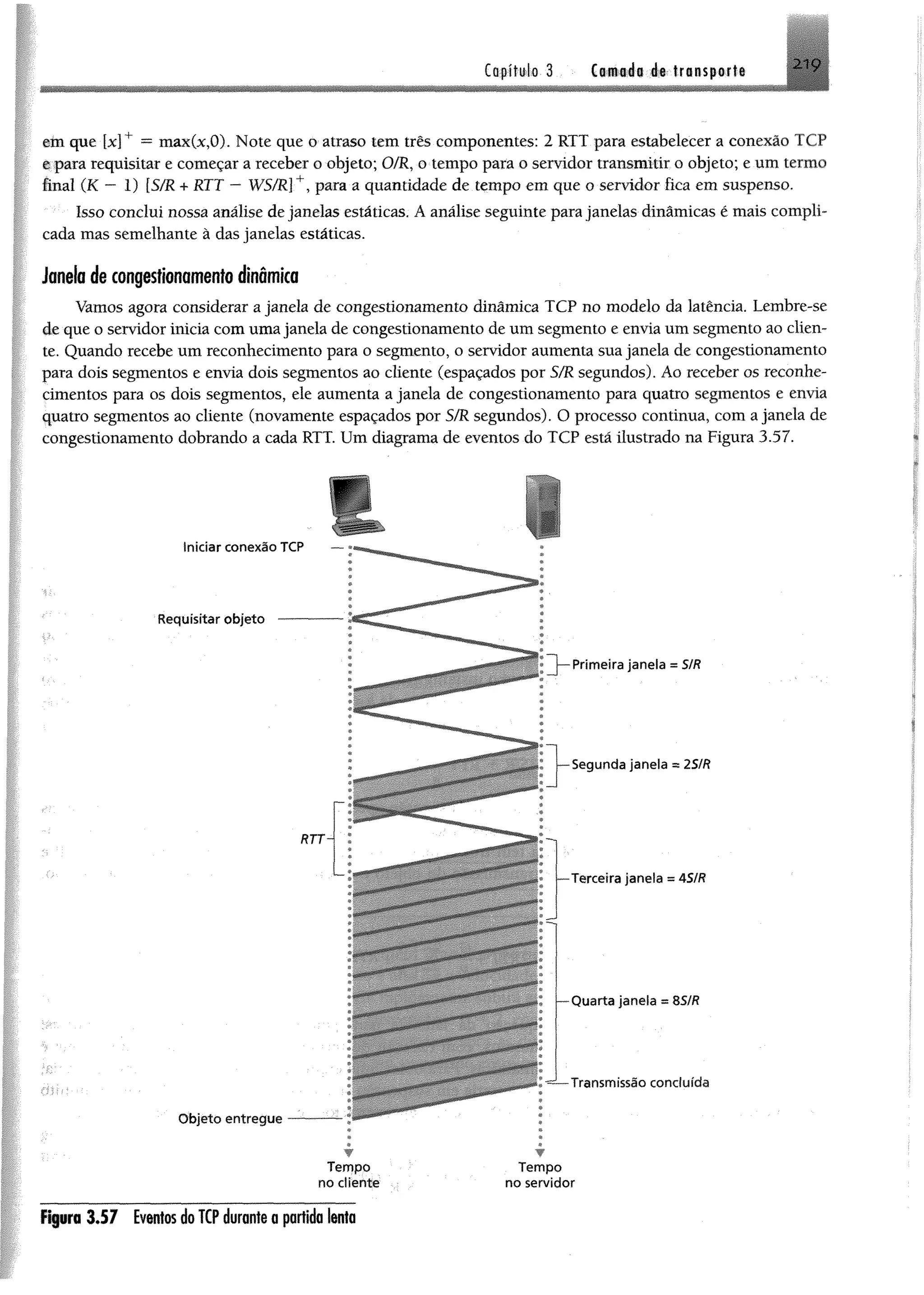 Cöftfülö 3 Cornada de transporte 2 1 9
cm que [x]+ = max(x,0). Note que o atraso tem três componentes; 2 RTT para estabelecer a conexão TCP
e para requisitar e começar a receber o objeto; 0/R, o tempo para o servidor transmitir o objeto; e um termo
final (K — 1) [S/R 4- RTT — W5/R]+, para a quantidade de tempo em que o servidor fica em suspenso.
Isso conclui nossa análise de janelas estáticas. A análise seguinte para janelas dinâmicas é mais compli­
cada mas semelhante à das janelas estáticas.
Janela de congestionamento dinâmica
Vamos agora considerar a janela de congestionamento dinâmica TCP no modelo da latência. Lembre-se
de que o servidor inicia com uma janela de congestionamento de um segmento e envia um segmento ao clien­
te. Quando recebe um reconhecimento para o segmento, o servidor aumenta sua janela de congestionamento
para dois segmentos e envia dois segmentos ao cliente (espaçados por S/R segundos). Ao receber os reconhe­
cimentos para os dois segmentos, ele aumenta a janela de congestionamento para quatro segmentos e envia
quatro segmentos ao cliente (novamente espaçados por S/R segundos). O processo continua, com a janela de
congestionamento dobrando a cada RTT. Um diagrama de eventos do TCP está ilustrado na Figura 3.57.
Iniciar conexão TCP
Requisitar objeto
RTT
r
O bjeto entregue
— Segunda janela = 2SIR
— Terceira janela = 4 SIR
Q uarta janela = 8SIR
Transmissão concluída
▼
Tem po
no cliente
▼
T em po
no servidor
3 .5 7 Eventos do TCP durante a partida lenta
 