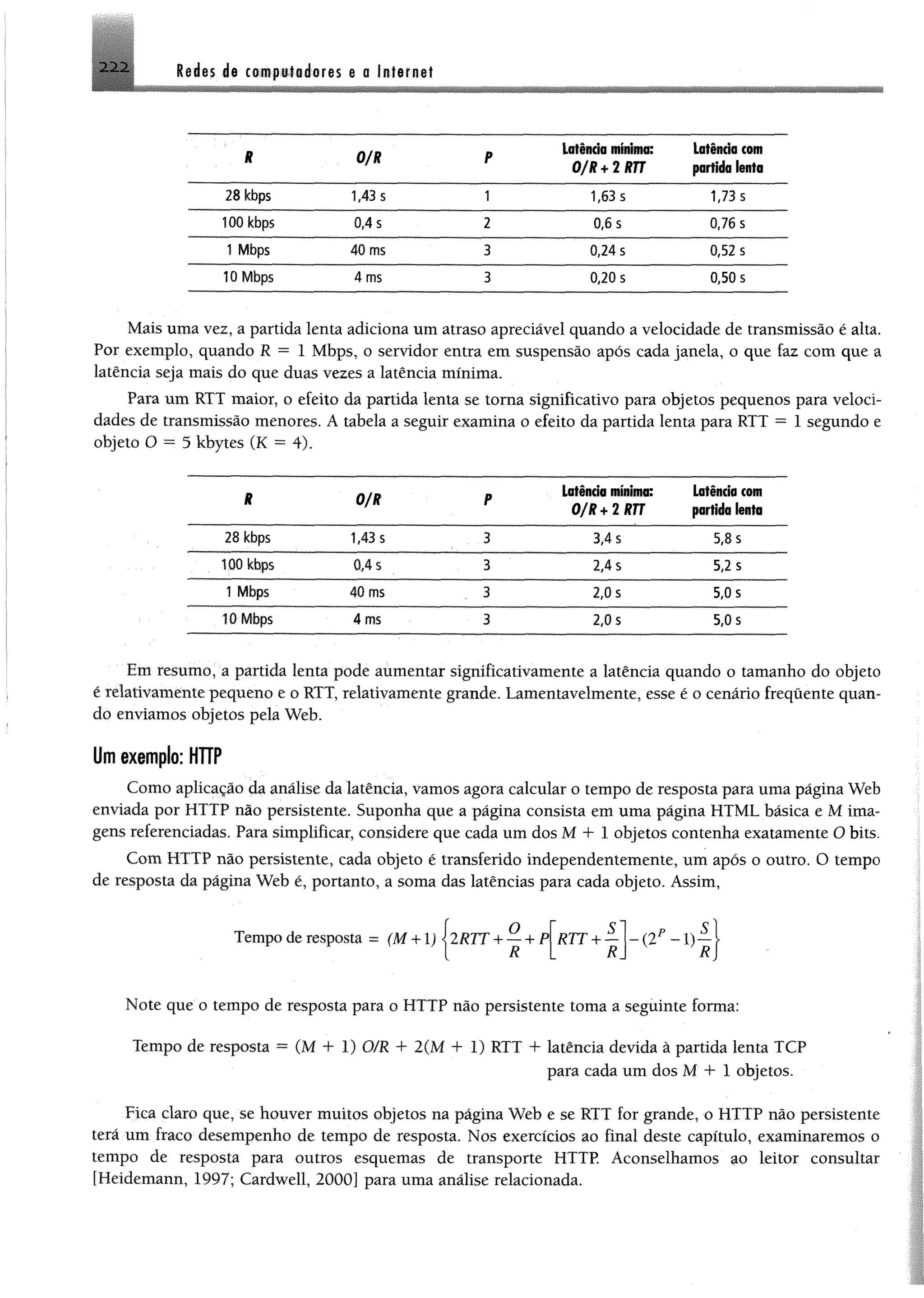 2 2 2 Redes de cowpttlidores e 0internet
R 0/R p
Latindo mínima:
o / u * i m
Latência cem
partida lenta
28 kbps 1*43 s 1 1,63 s 1,73 s
100 kbps 0,4 s 2 0,6 s 0,76 s
1 Mbps 40 ms 3 0,24 s 0,52 s
10 Mbps 4 ms 3 0,20 s 0,50 s
Mais uma vez, a partida lenta adiciona um atraso apreciável quando a velocidade de transmissão é alta.
Por exemplo, quando R = 1 Mbps, o servidor entra em suspensão após cada janela, o que faz com que a
latência seja mais do que duas vezes a latência mínima.
Para um EXT maior, o efeito da partida lenta se toma significativo para objetos pequenos para veloci­
dades de transmissão menores. A tabela a seguir examina 0 efeito da partida lenta para RTT = 1 segundo e
objeto 0 = 5 kbytes (K = 4).
R 0 / R P
Latênda mínima:
Q f k * 2 m
Latênda com
partida lenta
28 kbps 1,43 s 3 3,4 s 5,8 s
100 kbps 0,4 s 3 2,4 s 5,2 s
1 Mbps 40 ms 3 2,0 s 5,0 s
10 Mbps 4 ms 3 2,0 s 5,0 s
Em resumo, a partida lenta pode aumentar significativamente a latência quando o tamanho do objeto
é relativamente pequeno e o RTT, relativamente grande. Lamentavelmente, esse é o cenário frequente quan­
do enviamos objetos pela Web.
Um exemplo: HTTP
Como aplicação da análise da latência, vamos agora calcular o tempo de resposta para uma página Web
enviada por HTTP não persistente. Suponha que a página consista em uma página HTML básica e M ima­
gens referenciadas. Para simplificar, considere que cada um dos M + 1 objetos contenha exatamente O bits.
Com HTTP não persistente, cada objeto é transferido independentemente, um após o outro. O tempo
de resposta da página Web é, portanto, a soma das latências para cada objeto. Assim,
Tempo de resposta = (M+ l) 2RTT + —+ P RTT+
R
Note que o tempo de resposta para o HTTP não persistente toma a seguinte forma:
Tempo de resposta = (M + 1) 0/R + 2 (M + 1) RTT + latência devida à partida lenta TCP
para cada um dos M + l objetos.
Fica claro que, se houver muitos objetos na página Web e se RTT for grande, o HTTP não persistente
terá um fraco desempenho de tempo de resposta. Nos exercícios ao final deste capítulo, examinaremos o
tempo de resposta para outros esquemas de transporte HTTP. Aconselhamos ao leitor consultar
[Heidemann, 1997; Cardwell, 2000] para uma análise relacionada.
 