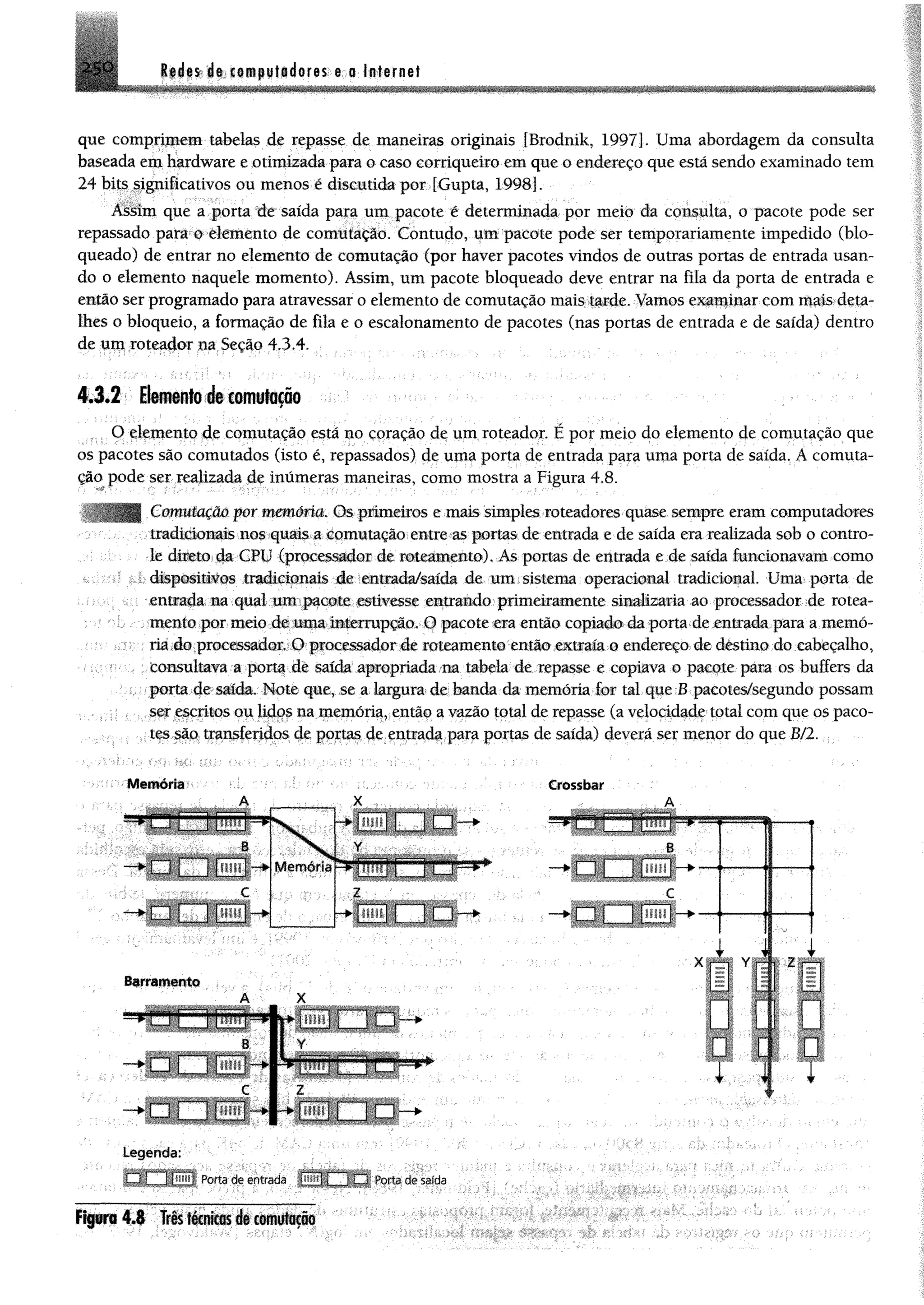 Redes de computadores e a Internet
í
que comprimem tabelas de repasse de maneiras originais [Brodnik, 1997]. Uma abordagem da consulta
baseada em hardware e otimizada para o caso corriqueiro em que o endereço que está sendo examinado tem
24 bits significativos ou menos é discutida por fGupta, 1998].
Assim que a porta de saída para um pacote é determinada por meio da consulta, o pacote pode ser
repassado para o elemento de comutação. Contudo, um pacote pode ser temporariamente impedido (blo­
queado) de entrar no elemento de comutação (por haver pacotes vindos de outras portas de entrada usan­
do o elemento naquele momento). Assim, um pacote bloqueado deve entrar na fila da porta de entrada e
então ser programado para atravessar o elemento de comutação mais tarde. Vamos examinar com mais deta­
lhes o bloqueio, a formação de fila e o escalonamento de pacotes (nas portas de entrada e de saída) dentro
de um roteador na Seção 4.3.4.
4.3.2 Elemento de comutação
O elemento de comutação está no coração de um roteador. É por meio do elemento de comutação que
os pacotes são comutados (isto é, repassados) de uma porta de entrada para uma porta de saída. A comuta­
ção pode ser realizada de inúmeras maneiras, como mostra a Figura 4.8.
mutação por memória. Os primeiros e mais simples roteadores quase sempre eram computadores
tradicionais nos quais a comutação entre as portas de entrada e de saída era realizada sob o contro­
le direto da CPU (processador de roteamento). As portas de entrada e de saída funcionavam como
dispositivos tradicionais de entrada/saída de um sistema operacional tradicional. Uma porta de
entrada na qual um pacote estivesse entrando primeiramente sinalizaria ao processador de rotea­
mento por meio de uma interrupção. O pacote era então copiado da porta de„entradapara a memó­
ria do processador. O processador de roteamento então extraía o endereço de destino do cabeçalho,
consultava a porta de saída apropriada na tabela dc repasse e copiava o pacote para os buffers da
porta de saída. Note que, se a largura de banda da memória for tal que B pacotes/segundo possam
ser escritos ou lidos na memória, então a vazão total de repasse (a velocidade total com que os paco­
tes são transferidos de portas dc entrada para portas de saída) deverá ser menor do que B/2. ;
Memória Crossbar
■ c o a
138f~~fS1
B O D
g j T Q n -
II ]-
Barramento
■ | ü ]C Z l o
Legenda:
D □ f H f l Porta de entrada Rortadêsaída
Elaiiii« ík O T.£» J . ____.1__—-
rig u ra 4 .o Ires técnicas ae comutaçao
 