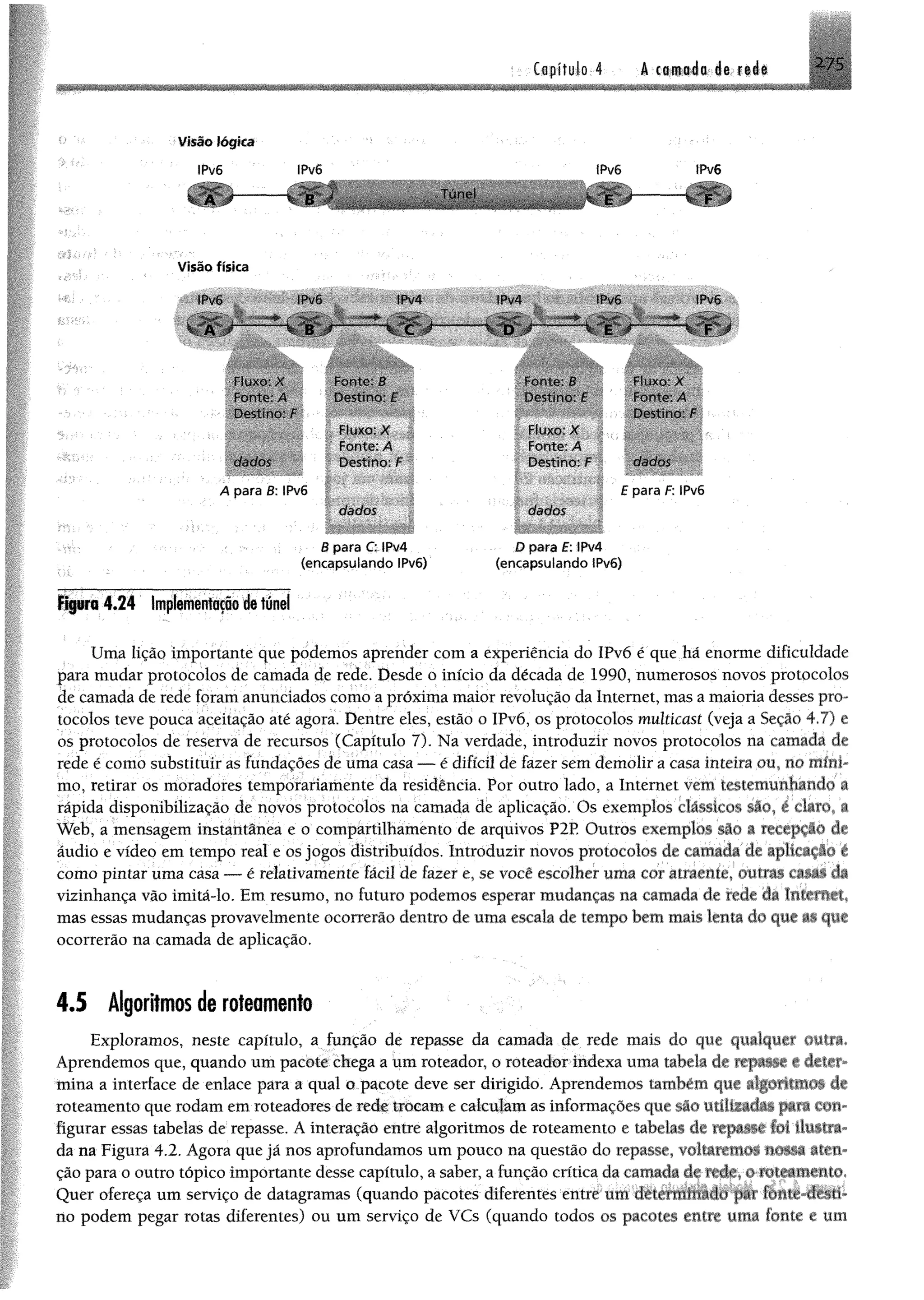 2.7Capitulo.4 A camada de rede
Visão lógica
IPv6 IPv6
-------X ÍF iJ Túnel
ÍPv6
E "
IPv6
F
V is ã o físic a
IPv6 !Pv6 IPv4 ÍPv4 ÍPv6
■iátÊÊtlÊÊÊÊÊliÊtÊMlÊgêÊÊÊÊÊÊKSÊÊÊKÊÍÊIÊ^sÊ^PTI^^^íi^^U
- A r B 1 C D " E J 'O
riuxo. X Fonte. B W tfÊBÊÊÊÊBm Fluxo: X
Fonte? A Destino: E Destino: t Fonte: A
Destino: F Destino: F
Fluxo: X Fluxo: X
Fonte: A Fonte: A
dados Destino: F Destino: F dados
A para B IPvõ E para F IPv6
dados dados
B para C: IPv4 D para £: !Pv4
(encapsulando lPv6) (encapsulando !Pv6)
tPv6
Sé
Figura 4*24 Implementação de túnel
Uma lição importante que podemos aprender com a experiência do IPv6 é que há enorme dificuldade
para mudar protocolos de camada de rede. Desde o início da década de 1990, numerosos novos protocolos
de camada de rede foramanunciados como apróxima maior revolução da Internet, mas amaioria desses pro­
tocolos teve pouca aceitação até agora. Dentre eles, estão o IPvõ, os protocolos multicost (veja a Seção 4.7) e
os protocolos de reserva de recursos (Capítulo 7), Na verdade, introduzir novos protocolos na camada dê
rede é como substituir as fundações de uma casa — é difícil de fazer semdemolir a casa inteira ou, no nmií
mo, retirar os moradores temporariamente da residência. Por outro lado, a Internei vem (estenmnhamfo a
rápida disponibilização de novos protocolos na camada de aplicação. Os exemplos clássicos sao. r Lm» a
Web, a mensagem instantânea e o compartilhamento de arquivos P2P Outros exemplos sao a m-epção Jr
áudio e vídeo em tempo real e os jogos distribuídos. Introduzir novos protocolos de camada de aplu-Hão <-
como pintar uma casa — é relativamente fácil de fazer e, se você escolher uma eoi alraeme. outias cave- íh
vizinhança vão imitá-lo. Em resumo, no futuro podemos esperar mudanças na camada de rede tia luteun*i.
mas essas mudanças provavelmente ocorrerão dentro de uma escala cie tempo bem mais lenta do que u<qm_
ocorrerão na camada de aplicação.
4 .5 Algoritmos de roteamento
Exploramos, neste capítulo, a função de repasse da camada de rede mais do que qualquer outra*
Aprendemos que, quando umpacote chega a umroteador, o roteador indexa uma tabela dr u fMvx r tfousiv
mina a interface de enlace para a qual o pacote deve ser dirigido. Aprendemos também que ftigorttxttd# de
roteamento que rodamemroteadores derede trocame calculamas informações que são t t t t lif lllii Jü f* mm-
figurar essas tabelas de' repasse. Ainteração entre algoritmos de roteamento e tabelas de r ip tis f foi lltJitf#«
da na Figura 4.2. Agora quejá nos aprofundamos umpouco na questão do repasse, voltarem©'* hoh aten­
ção para o outro tópico importante desse capítulo, a saber, a função crítica da camada á f reáfg,•©rolamento*
Quer ofereça um serviço de datagramas (quando pacotes diferentes entreum xlrienimnido m fonte des#
tio podem pegar rotas diferentes) ou um serviço de VCs (quando todos os pacote entre uma fonte e um
 