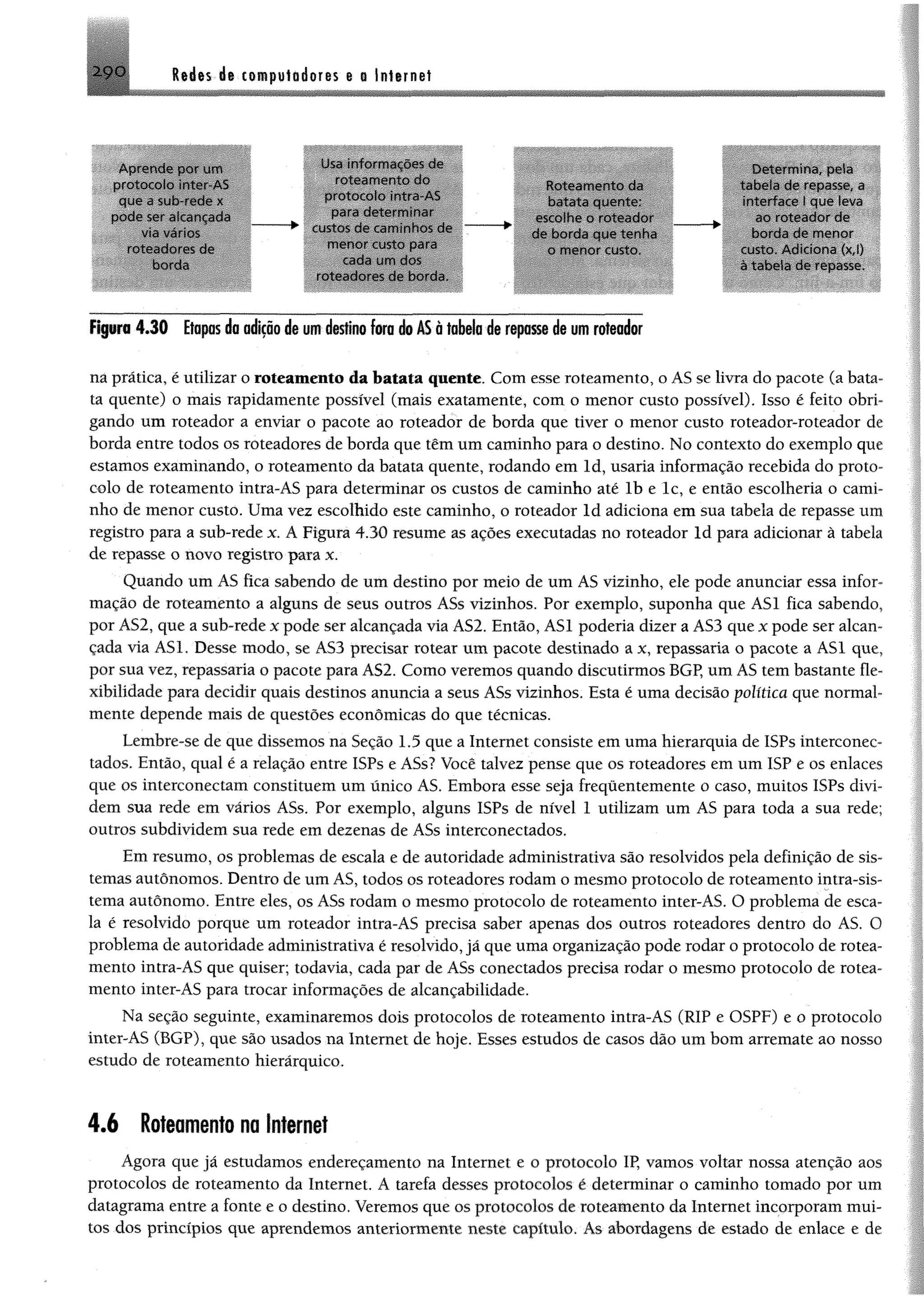 2-9 0 Redes de computadores e a Internet
A p-ende por um
proiorolo ■nter AS
que õ sub rode x
oode se*" aic-fincadii
^ m m
roteadores do
oordo
Usa intormacoos cír;
rotfrim om o cio
para determ inar
custos de caminhos de
meno*’ custo pa»a
cada um dos
roteadores de borda.
vMõteameotodah
barata quente:
oscoihe o roroador
de borda que lenha
o m enor custo.
Determ ina, pela
tabela de repasse, a
interface ! que leva
ao roteador de
boroa de m enor
custo. Adiciona (x,:i
a tabela cie repcisse.
Figura 4.30 Etapasda adiçãode umdestino fora do ÂSátabela de repassede um roteador
ná prática, é utilizar o roteamento da batata quente. Com esse roteamento, o AS se livra do pacote (a bata­
ta quente) o mais rapidamente possível (mais exatamente, com o menor custo possível). Isso é feito obri­
gando um roteador a enviar o pacote ao roteador de borda que tiver o menor custo roteador-roteador de
borda entre todos os roteadores de borda que têm um caminho para o destino. No contexto do exemplo que
estamos examinando, o roteamento da batata quente, rodando em ld, usaria informação recebida do proto­
colo de roteamento intra-AS para determinar os custos de caminho até lb e lc, e então escolheria o cami­
nho de menor custo. Uma vez escolhido este caminho, o roteador ld adiciona em sua tabela de repasse um
registro para a sub-rede x. A Figura 4.30 resume as ações executadas no roteador ld para adicionar à tabela
de repasse o novo registro para x.
Quando um AS fica sabendo de um destino por meio de um AS vizinho, ele pode anunciar essa infor­
mação de roteamento a alguns de seus outros ASs vizinhos. Por exemplo, suponha que AS1 fica sabendo,
por AS2, que a sub-rede x pode ser alcançada via AS2. Então, AS1 poderia dizer aAS3 que x pode ser alcan­
çada via ASL Desse modo, se AS3 precisar rotear um pacote destinado a x, repassaria o pacote a AS1 que,
por sua vez, repassaria o pacote para AS2. Como veremos quando discutirmos BGP, um AS tem bastante fle­
xibilidade para decidir quais destinos anuncia a seus ASs vizinhos. Esta é uma decisão política que normal­
mente depende mais de questões econômicas do que técnicas.
Lembre-se de que dissemos na Seção 1.5 que a Internet consiste em uma hierarquia de ISPs interconec-
tados. Então, qual é a relação entre ISPs e ASs? Você talvez pense que os roteadores em um 1SP e os enlaces
que os interconectam constituem um único AS. Embora esse seja frequentemente o caso, muitos ISPs divi­
dem sua rede em vários ASs. Por exemplo, alguns ISPs de nível 1 utilizam um AS para toda a sua rede;
outros subdividem sua rede em dezenas de ASs interconectados.
Em resumo, os problemas de escala e de autoridade administrativa são resolvidos pela definição de sis­
temas autônomos. Dentro de um AS, todos os roteadores rodam o mesmo protocolo de roteamento intra-sis-
tema autônomo. Entre eles, os ASs rodam o mesmo protocolo de roteamento inter-AS. O problema de esca­
la é resolvido porque um roteador intra-AS precisa saber apenas dos outros roteadores dentro do AS. O
problema de autoridade administrativa é resolvido, já que uma organização pode rodar o protocolo de rotea­
mento intra-AS que quiser; todavia, cada par de ASs conectados precisa rodar o mesmo protocolo de rotea­
mento inter-AS para trocar informações de alcançabilidade.
Na seção seguinte, examinaremos dois protocolos de roteamento intra-AS (RIP e OSPF) e o protocolo
inter-AS (BGP), que são usados na Internet de hoje. Esses estudos de casos dão um bom arremate ao nosso
estudo de roteamento hierárquico.
4.6 Roteamento na Internet
Agora que já estudamos endereçamento na Internet e o protocolo IP, vamos voltar nossa atenção aos
protocolos de roteamento da Internet. A tarefa desses protocolos é determinar o caminho tomado por um
datagrama entre a fonte e o destino. Veremos que os protocolos de roteamento da Internet incorporam mui­
tos dos princípios que aprendemos anteriormente neste capítulo. As abordagens de estado de enlace e de
 