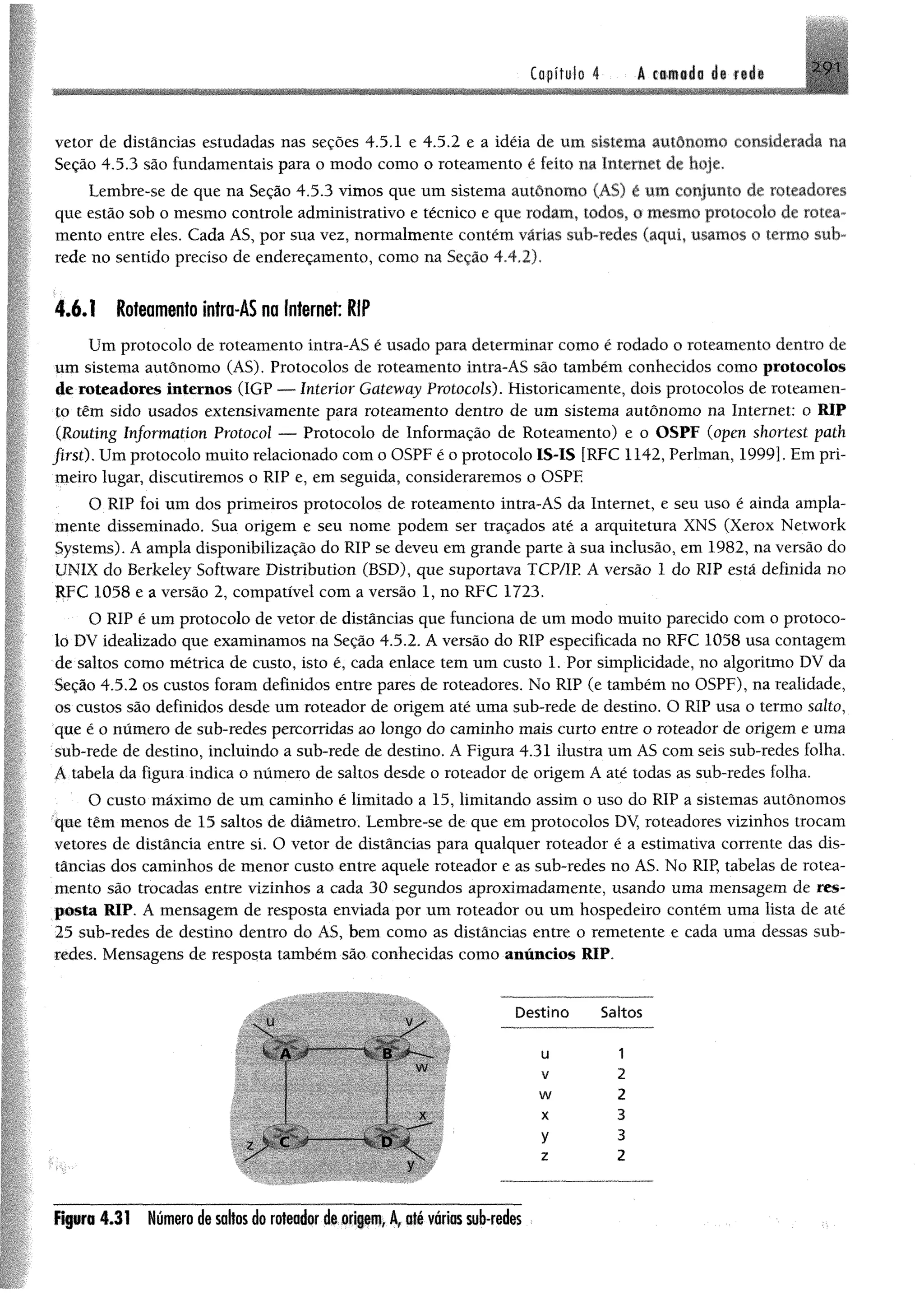 Capítulo 4 k mm$iu i i n i i
vetor de distâncias estudadas nas seções 4.5.1 e 4.5.2 e a idéia de um sistema autônomo considerada na
Seção 4.5.3 são fundamentais para o modo como o roteamento é feito na Internet de hoje.
Lembre-se de que na Seção 4.5.3 vimos que um sistema autônomo (ÁS) ê um conjunto de roteadores
que estão sob o mesmo controle administrativo e técnico e que rodam, todos, o mesmo protocolo de rotea­
mento entre eles. Cada AS, por sua vez, normalmente contém várias sub-redes (aqui, usamos o termo sub-
rede no sentido preciso de endereçamento, como na Seção 4.4.2).
4.6.1 Roteamento intra-ÂS na Internet: RIP
Um protocolo de roteamento intra-AS é usado para determinar como é rodado o roteamento dentro de
um sistema autônomo (AS). Protocolos de roteamento intra-AS são também conhecidos como protocolos
de roteadores internos (IGF — Interior Gateway Protocols). Historicamente, dois protocolos de roteamen­
to têm sido usados extensivamente para roteamento dentro de um sistema autônomo na Internet: o RIP
(Routing Information Protocol — Protocolo de Informação de Roteamento) e o OSPF (open shortest path
first), Um protocolo muito relacionado com o OSPF é o protocolo IS-IS [RFC 1142, Perlman, 1999]. Em pri­
meiro lugar, discutiremos o RIP e, em seguida, consideraremos o OSPF
O RIP foi um dos primeiros protocolos de roteamento intra-AS da Internet, e seu uso é ainda ampla­
mente disseminado. Sua origem e seu nome podem ser traçados até a arquitetura XNS (Xerox Network
Systems). A ampla disponibilização do RIP se deveu em grande parte à sua inclusão, em 1982, na versão do
UNIX do Berkeley Software Distribution (BSD), que suportava TCP/IE A versão 1 do RIP está definida no
RFC 1058 e a versão 2, compatível com a versão 1, no RFC 1723.
O RIP é um protocolo de vetor de distâncias que funciona de um modo muito parecido com o protoco­
lo DY idealizado que examinamos na Seção 4.5.2. A versão do RIP especificada no RFC 1058 usa contagem
de saltos como métrica de custo, isto é, cada enlace tem um custo 1. Por simplicidade, no algoritmo DV da
Seção 4.5.2 os custos foram definidos entre pares de roteadores. No RIP (e também no OSPF), na realidade,
os custos são definidos desde um roteador de origem até uma sub-rede de destino. O RIP usa o termo salto,
que é o número de sub-redes percorridas ao longo do caminho mais curto entre o roteador de origem e uma
sub-rede de destino, incluindo a sub-rede de destino. A Figura 4.31 ilustra um AS com seis sub-redes folha.
A tabela da figura indica o número de saltos desde o roteador de origem A até todas as sub-redes folha.
O custo máximo de um caminho é limitado a 15, limitando assim o uso do RIP a sistemas autônomos
que têm menos de 15 saltos de diâmetro. Lembre-se de que em protocolos DV, roteadores vizinhos trocam
vetores de distância entre si. O vetor de distâncias para qualquer roteador é a estimativa corrente das dis­
tâncias dos caminhos de menor custo entre aquele roteador e as sub-redes no AS. No RIP, tabelas de rotea­
mento são trocadas entre vizinhos a cada 30 segundos aproximadamente, usando uma mensagem de res­
posta RIP. A mensagem de resposta enviada por um roteador ou um hospedeiro contém uma lista de até
25 sub-redes de destino dentro do AS, bem como as distâncias entre o remetente e cada uma dessas sub-
redes. Mensagens de resposta também são conhecidas como anúncios RIP.
Destino Saltos
l l É mmmsm
êSÊÊÊÊÈÊÊÊ u 1
ggfgjgpf V 2
w 2
X 3
m
M B j i j
É Ê Ê B
y
z
3
2
Figuro4.31 Númerodesoltosdoroteadordeorigem, Â,até váriassub-redes
 