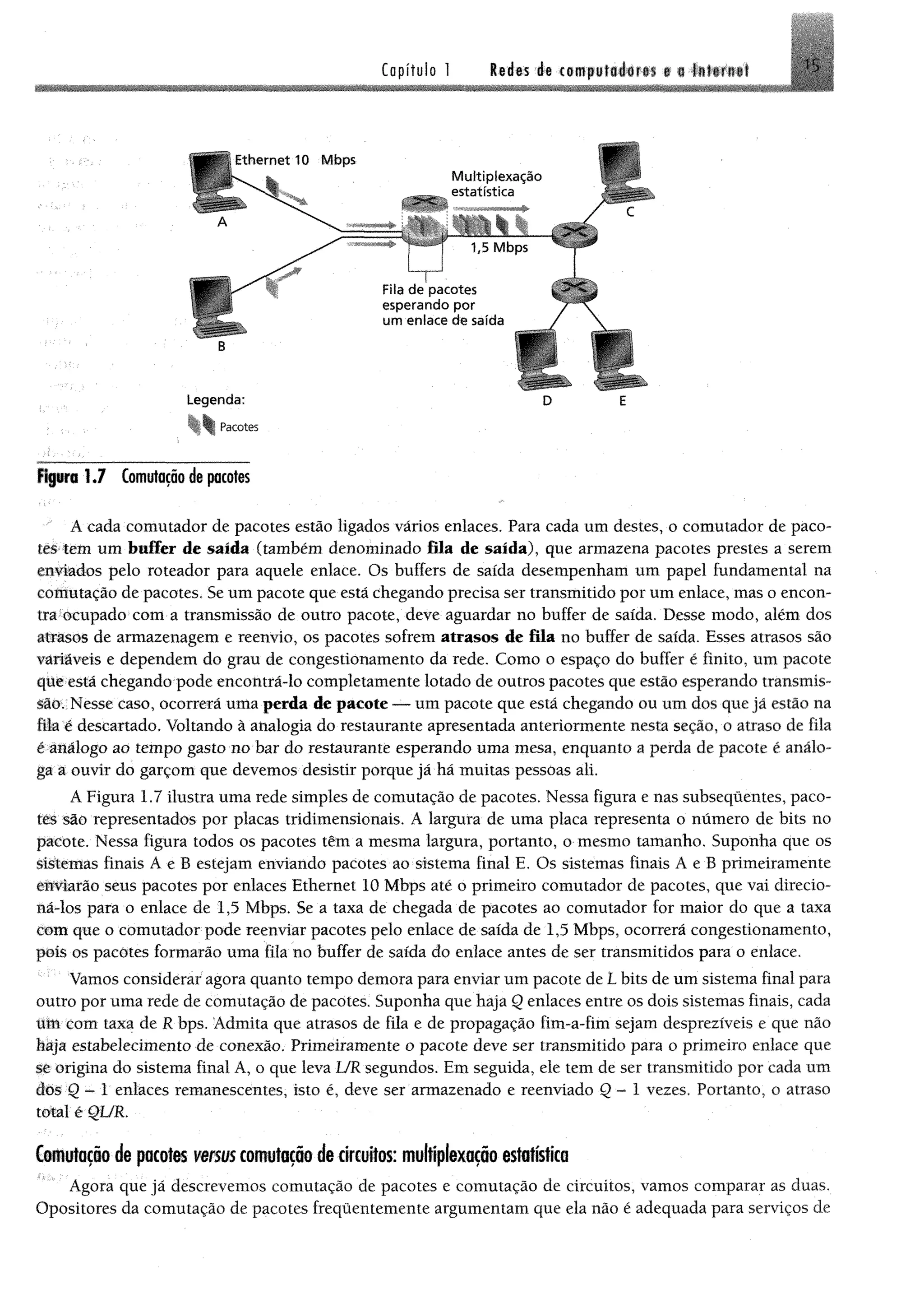C a p í t u l o 1 M m 4$ 'tmf-M émêí • « l i t i f ü l 1
Legenda: D E
Pacotes
figura 1.7 Comutação de pacotes
A cada comutador de pacotes estão ligados vários enlaces, Para cada um destes, o comutador de paco­
tes tem um buffer de salda (também denominado fila de salda), que armazena pacotes prestes a serem
enviados pelo roteador para aquele enlace. Os buffers de saída desempenham um papel fundamental na
comutação de pacotes. Se um pacote que esta chegando precisa ser transmitido por um enlace, mas o encon­
tra ocupado com a transmissão de outro pacote, deve aguardar no buffer de salda. Desse modo, além dos
atrasos de armazenagem e reenvio, os pacotes sofrem atrasos de fila no buffer de saída. Esses atrasos são
variáveis e dependem do grau de congestionamento da rede. Como o espaço do buffer é finito, um pacote
que está chegando pode encontrá-lo completamente lotado de outros pacotes que estão esperando transmis­
são. Nesse caso, ocorrerá uma perda de pacote — um pacote que está chegando ou um dos que já estão na
fila ê descartado. Voltando à analogia do restaurante apresentada anteriormente nesta seção, o atraso de fila
é análogo ao tempo gasto no bar do restaurante esperando uma mesa, enquanto a perda de pacote é análo­
ga a ouvir do garçom que devemos desistir porque já há muitas pessoas ali.
A Figura 1.7 ilustra uma rede simples de comutação de pacotes. Nessa figura e nas subseqüentes, paco-
tès são representados por placas tridimensionais. A largura de uma placa representa o número de bits no
pacote. Nessa figura todos os pacotes têm a mesma largura, portanto, o mesmo tamanho. Suponha que os
siátemas finais A e B estejam enviando pacotes ao sistema final E. Os sistemas finais A e B primeiramente
enviarão seus pacotes por enlaces Ethernet 10 Mbps até o primeiro comutador de pacotes, que vai direcio­
ná-los para o enlace de 1,5 Mbps. Se a taxa de chegada de pacotes ao comutador for maior do que a taxa
com que o comutador pode reenviar pacotes pelo enlace de saída de 1,5 Mbps, ocorrerá congestionamento,
pois os pacotes formarão uma fila no buffer de saída do enlace antes de ser transmitidos para o enlace.
Vamos considerar agora quanto tempo demora para enviar um pacote de L bits de um sistema final para
outro por uma rede de comutação de pacotes. Suponha que haja Q enlaces entre os dois sistemas finais, cada
ütn com taxa de R bps. Admita que atrasos de fila e de propagação fim-a-fim sejam desprezíveis e que não
haja estabelecimento de conexão. Primeiramente o pacote deve ser transmitido para o primeiro enlace que
se origina do sistema final A, o que leva UR segundos. Em seguida, ele tem de ser transmitido por cada um
dos Q - 1 enlaces remanescentes, isto é, deve ser armazenado e reenviado Q - 1 vezes. Portanto, o atraso
total é QUR.
Comutação de pacotesversuscomutação de circuitos: multíplexação estatística
Agora que jã descrevemos comutação de pacotes e comutação de circuitos, vamos comparar as duas.
Opositores da comutação de pacotes frequentemente argumentam que ela não é adequada para serviços de
 
