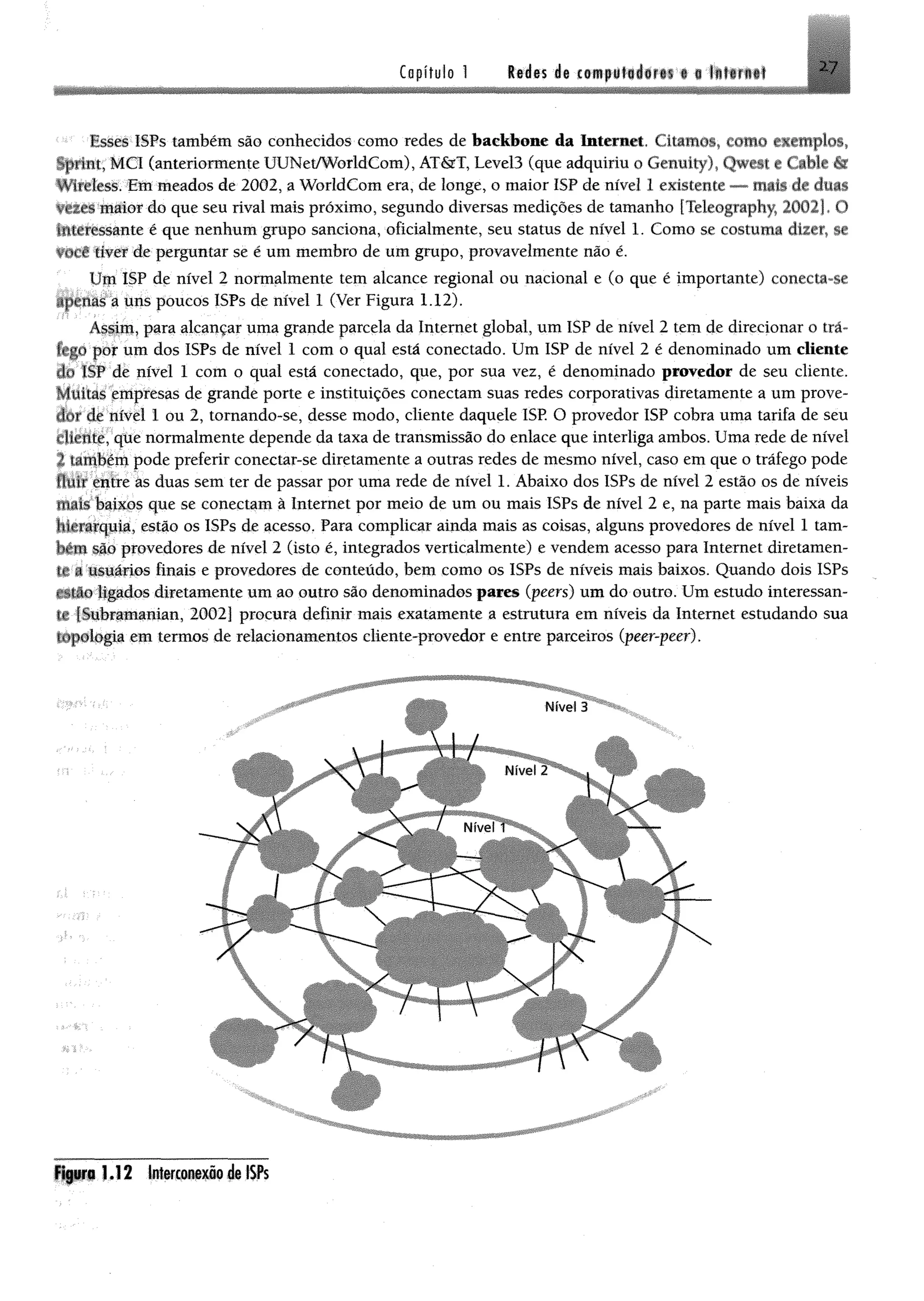 Capítulo 1 Redes de computadores e o Internet -7
MÜ
I sscs íSPs também são conhecidos como redes de baekbone da Internet» Citamos, como exemplos»
Sprint, MCI (anteriormente UUNet/WorldCom), AT&T, Level3 (que adquiriu o Genuity), Qwest e Cibh te
Wírcfess. Em meados de 2002, a WorldCom era, de longe, o maior ISP de nível 1 existente — mito deà m §
rxes maior do que seu rival mais próximo, segundo diversas medições de tamanho [Teleography, 2002] «O
interessante é que nenhum grupo sanciona, oficialmente, seu status de nível 1. Como se costuma dizer, se
ofé tiver de perguntar se é um membro de um grupo, provavelmente não é.
Um ISP de nível 2 normalmente tem alcance regional ou nacional e (o que é importante) conecta-se
apenas a uns poucos ISPs de nível I (Ver Figura 1.12).
Assim, para alcançar uma grande parcela da Internet global, um ISP de nível 2 tem de direcionar o trá­
fego por um dos ISPs de nível 1 com o qual está conectado. Um ISP de nível 2 é denominado um cliente
do ISP de nível 1 com o qual está conectado, que, por sua vez, é denominado provedor de seu cliente.
Muitas empresas de grande porte e instituições conectam suas redes corporativas diretamente a um prove­
dor de nível 1 ou 2, tornando-se, desse modo, cliente daquele ISP. O provedor ISP cobra uma tarifa de seu
cliente, que normalmente depende da taxa de transmissão do enlace que interliga ambos. Uma rede de nível
l também pode preferir conectar-se diretamente a outras redes de mesmo nível, caso em que o tráfego pode
Huir entre as duas sem ter de passar por uma rede de nível 1. Abaixo dos ISPs de nível 2 estão os de níveis
mais baixos que se conectam à Internet por meio de um ou mais ISPs de nível 2 e, na parte mais baixa da
hierarquia, estão os ISPs de acesso. Para complicar ainda mais as coisas, alguns provedores de nível 1 tam­
bém são provedores de nível 2 (isto é, integrados verticalmente) e vendem acesso para Internet diretamen-
tr a usuários finais e provedores de conteúdo, bem como os ISPs de níveis mais baixos. Quando dois ISPs
rstáo ligados diretamente um ao outro são denominados pares (peers) um do outro. Um estudo interessan­
te ISubramanian, 2002] procura definir mais exatamente a estrutura em níveis da Internet estudando sua
topologia em termos de relacionamentos cliente-provedor e entre parceiros (peer-peer).
l f t f f l . 1 2 Interconexõo de ISPs
 