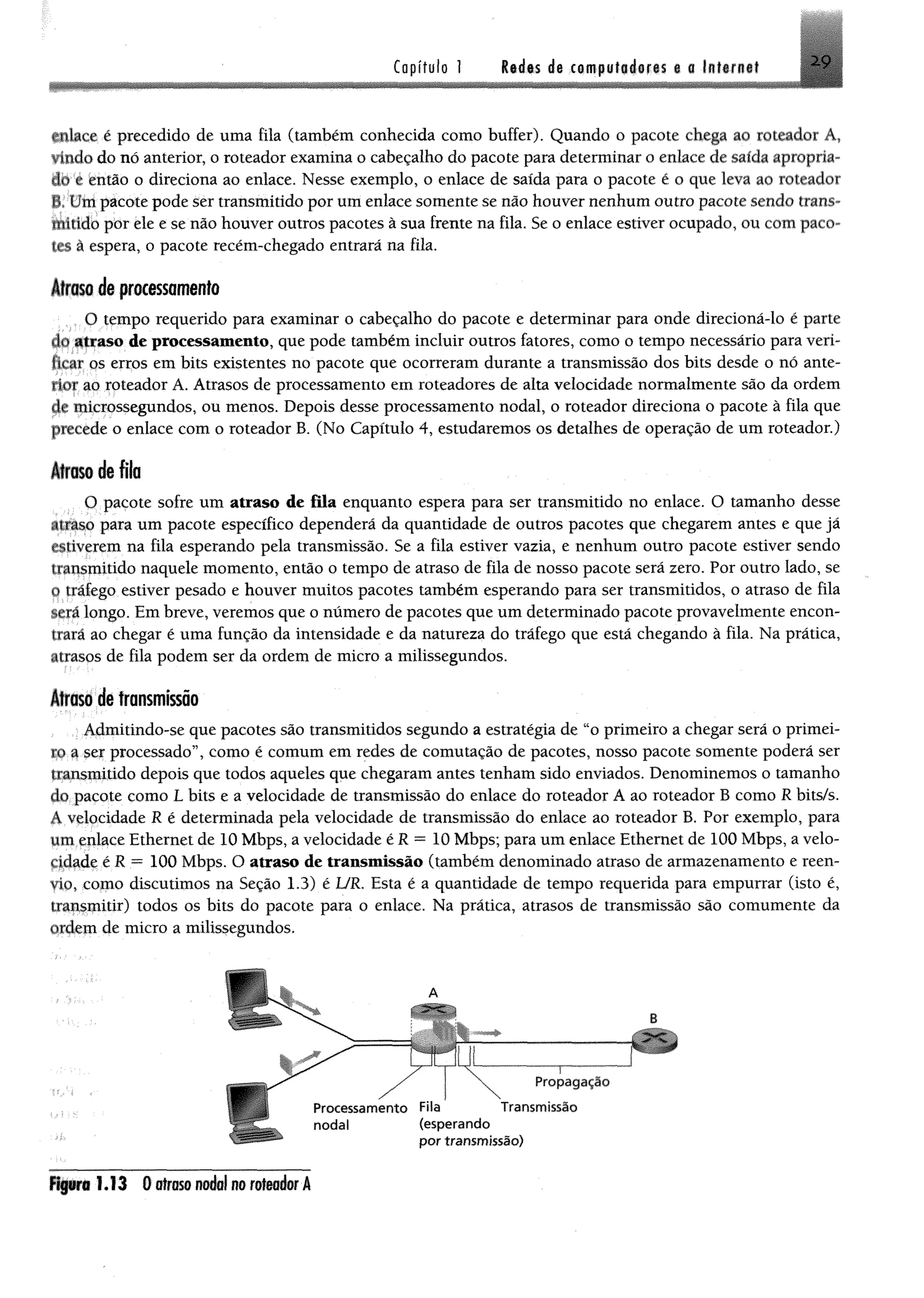 Capítulo 1 Redes i$ cemputederes t o Iftternet Jtg
mlace é precedido de uma fila (também conhecida como buffer). Quando o pacote chega ao roteador A,
vmdo do nó anterior, o roteador examina o cabeçalho do pacote para determinar o enlace de salda apropria*
do e então o direciona ao enlace. Nesse exemplo, o enlace de saída para o pacote é o que leva ao roteador
H. Um pacote pode ser transmitido por um enlace somente se não houver nenhum outro pacote sendo trans­
mitido por ele e se não houver outros pacotes à sua frente na fila, Se o enlace estiver ocupado, ou com paco-
h*s a espera, o pacote recém-chegado entrará na fila.
Âfroso de processamento
O tempo requerido para examinar o cabeçalho do pacote e determinar para onde direcioná-lo é parte
do atraso de processamento, que pode também incluir outros fatores, como o tempo necessário para veri­
ficar os erros em bits existentes no pacote que ocorreram durante a transmissão dos bits desde o nó ante­
rior ao roteador A. Atrasos de processamento em roteadores de alta velocidade normalmente são da ordem
de microssegundos, ou menos. Depois desse processamento nodal, o roteador direciona o pacote à fila que
precede o enlace com o roteador B. (No Capítulo 4, estudaremos os detalhes de operação de um roteador.)
Âíraso de fila
O pacote sofre um atraso de fila enquanto espera para ser transmitido no enlace. O tamanho desse
atraso para um pacote específico dependerá da quantidade de outros pacotes que chegarem antes e que já
i stiverem na fila esperando pela transmissão. Se a fila estiver vazia, e nenhum outro pacote estiver sendo
transmitido naquele momento, então o tempo de atraso de fila de nosso pacote será zero. Por outro lado, se
o tráfego estiver pesado e houver muitos pacotes também esperando para ser transmitidos, o atraso de fila
será longo. Em breve, veremos que o número de pacotes que um determinado pacote provavelmente encon-
irara ao chegar é uma função da intensidade e da natureza do tráfego que está chegando à fila. Na prática,
atrasos de fila podem ser da ordem de micro a milissegundos.
Atraso de transmissão
Admitindo-se que pacotes são transmitidos segundo a estratégia de “o primeiro a chegar será o primei-
to a ser processado”, como é comum em redes de comutação de pacotes, nosso pacote somente poderá ser
transmitido depois que todos aqueles que chegaram antes tenham sido enviados. Denominemos o tamanho
do pacote como L bits e a velocidade de transmissão do enlace do roteador A ao roteador B como R bits/s.
A velocidade R é determinada pela velocidade de transmissão do enlace ao roteador B. Por exemplo, para
um enlace Ethernet de 10 Mbps, a velocidade é R — 10 Mbps; para um enlace Ethernet de 100 Mbps, a velo­
cidade é R = 100 Mbps. O atraso de transmissão (também denominado atraso de armazenamento e reen­
vio, como discutimos na Seção 1.3) é UR, Esta é a quantidade de tempo requerida para empurrar (isto é,
transmitir) todos os bits do pacote para o enlace. Na prática, atrasos de transmissão são eomumente da
ordem de micro a milissegundos.
Figuro 1.13 0 ofrasomàà m roim bf Â
 