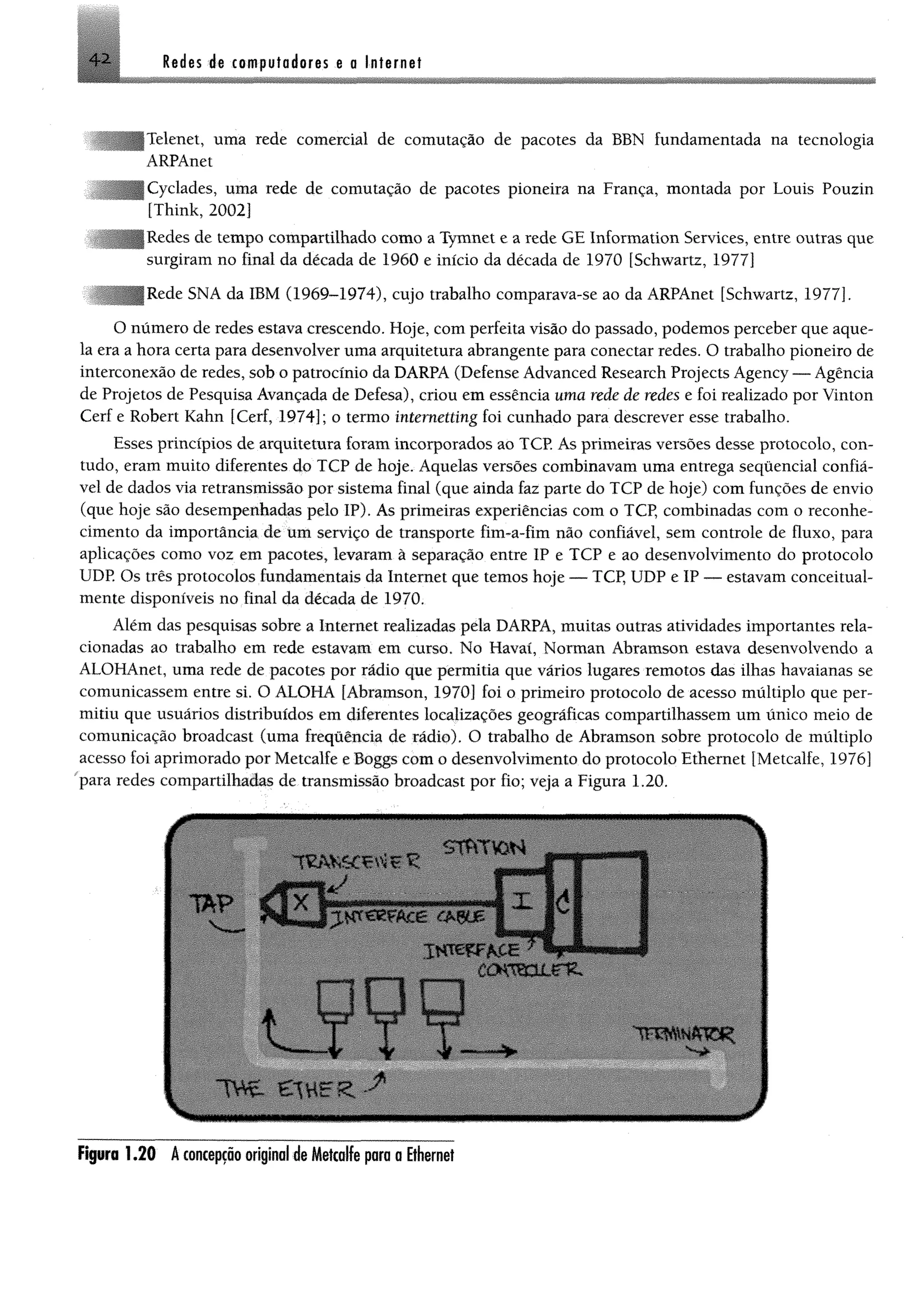 4 2 Redes de computadores e a Internet
lexiet, uma rede comercial de comutação de pacotes da BBN fundamentada na tecnologia
ARPAnet
Cyclades, uma rede de comutação de pacotes pioneira na França, montada por Louis Pouzin
[Think, 2002]
Redes de tempo compartilhado como a Tyixmet e a rede GE Information Services, entre outras que
surgiram no final da década de 1960 e início da década de 1970 [Schwartz, 1977]
Rede SNA da IBM (1969-1974), cujo trabalho comparava-se ao da ARPAnet [Schwartz, 1977].
O número de redes estava crescendo. Hoje, com perfeita visão do passado, podemos perceber que aque­
la era a hora certa para desenvolver uma arquitetura abrangente para conectar redes. O trabalho pioneiro de
interconexão de redes, sob o patrocínio da DARPA (Defense Advanced Research Projects Agency — Agência
de Projetos de Pesquisa Avançada de Defesa), criou em essência uma rede de redes e foi realizado por Vinton
Cerf e Robert Kahn [Cerf, 1974]; o termo intemetting foi cunhado para descrever esse trabalho.
Esses princípios de arquitetura foram incorporados ao TCP. Ás primeiras versões desse protocolo, con­
tudo, eram muito diferentes do TCP de hoje. Aquelas versões combinavam uma entrega sequencial confiá­
vel de dados via retransmissão por sistema final (que ainda faz parte do TCP de hoje) com funções de envio
(que hoje são desempenhadas pelo IP). As primeiras experiências com o TCP, combinadas com o reconhe­
cimento da importância de um serviço de transporte fim-a-fim não confiável, sem controle de fluxo, para
aplicações como voz em pacotes, levaram à separação entre IP e TCP e ao desenvolvimento do protocolo
UDP. Os três protocolos fundamentais da Internet que temos hoje — TCP, UDP e IP — estavam conceitual-
mente disponíveis no final da década de 1970.
Além das pesquisas sobre a Internet realizadas pela DARPA, muitas outras atividades importantes rela­
cionadas ao trabalho em rede estavam em curso. No Havaí, Norman Abramson estava desenvolvendo a
ALOHAnet, uma rede de pacotes por radio que permitia que vários lugares remotos das ilhas havaianas se
comunicassem entre si. O ALOHA [Abramson, 1970] foi o primeiro protocolo de acesso múltiplo que per­
mitiu que usuários distribuídos em diferentes localizações geográficas compartilhassem um único meio de
comunicação broadcast (uma frequência de rádio). O trabalho de Abramson sobre protocolo de múltiplo
acesso foi aprimorado por Metcalfe e Boggs com o desenvolvimento do protocolo Ethernet [Metcalfe, 1976]
para redes compartilhadas de transmissão broadcast por fio; veja a Figura 1.20.
I V e Ê W r R *
J
Figura 1.2 0 Â concepção original de Metcalfe para a Ethernet
 