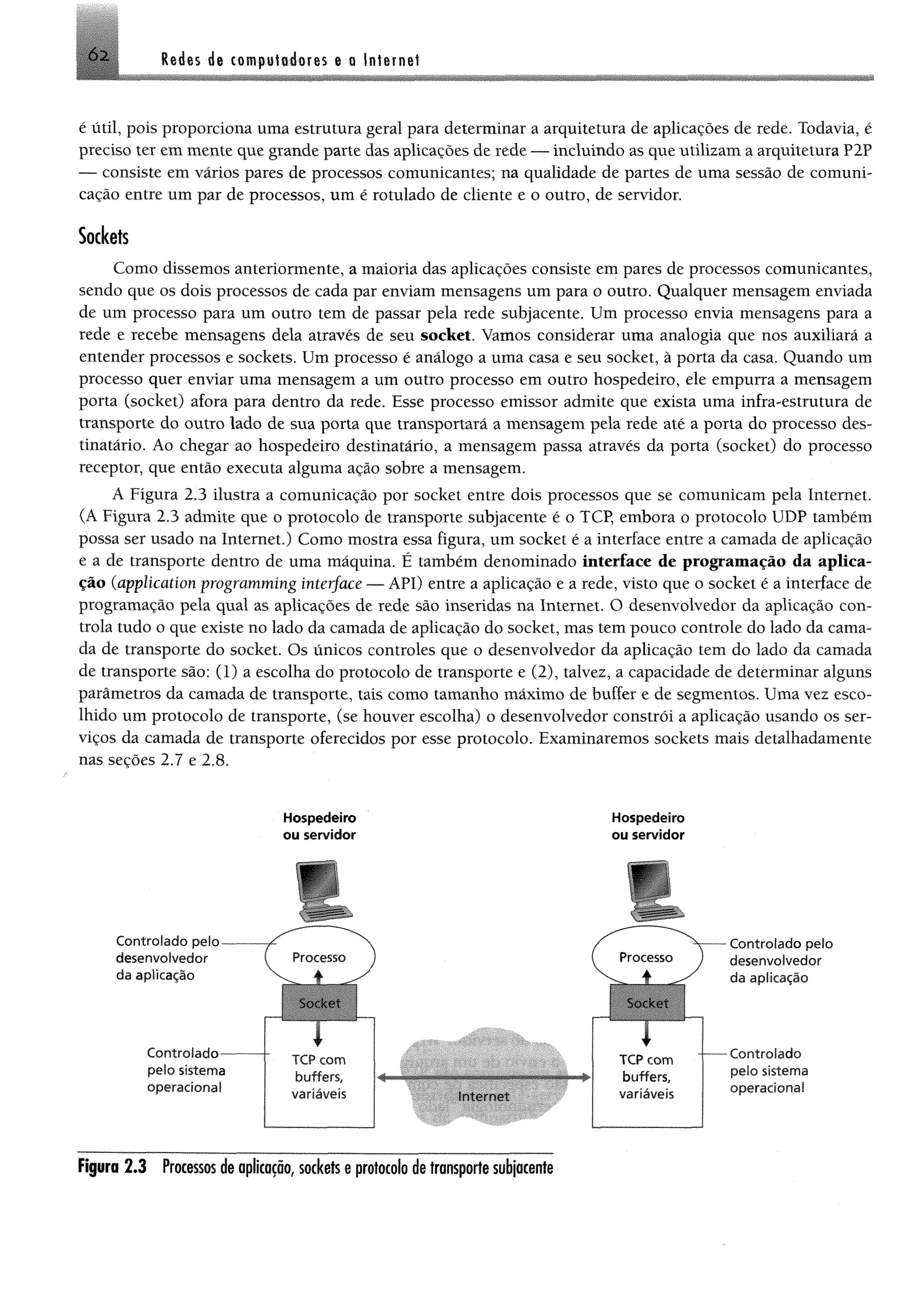 Reëes de compîodsres e a Interne!Ó2.
é útil, pois proporciona uma estrutura geral para determinar a arquitetura de aplicações de rede. Todavia, é
preciso ter em mente que grande parte das aplicações de rede — incluindo as que utilizam a arquitetura P2P
— consiste em vários pares de processos comunicantes; na qualidade de partes de uma sessão de comuni­
cação entre um par de processos, um é rotulado de cliente e o outro, de servidor.
Sockets
Como dissemos anteriormente, a maioria das aplicações consiste em pares de processos comunicantes,
sendo que os dois processos de cada par enviam mensagens um para o outro. Qualquer mensagem enviada
de um processo para um outro tem de passar pela rede subjacente. Um processo envia mensagens para a
rede e recebe mensagens dela através de seu socket. Vamos considerar uma analogia que nos auxiliará a
entender processos e sockets. Um processo é análogo a uma casa e seu socket, à porta da casa. Quando um
processo quer enviar uma mensagem a um outro processo em outro hospedeiro, ele empurra a mensagem
porta (socket) afora para dentro da rede. Esse processo emissor admite que exista uma infra-estrutura de
transporte do outro lado de sua porta que transportará a mensagem pela rede até a porta do processo des­
tinatário. Ao chegar ao hospedeiro destinatário, a mensagem passa através da porta (socket) do processo
receptor, que então executa alguma ação sobre a mensagem.
A Figura 2.3 ilustra a comunicação por socket entre dois processos que se comunicam pela Internet.
(A Figura 2.3 admite que o protocolo de transporte subjacente é o TCP, embora o protocolo UDP também
possa ser usado na Internet.) Como mostra essa figura, um socket é a interface entre a camada de aplicação
e a de transporte dentro de uma máquina. É também denominado interface de programação da aplica­
ção (application programming interface — API) entre a aplicação e a rede, visto que o socket é a interface de
programação pela qual as aplicações de rede são inseridas na Internet. O desenvolvedor da aplicação con­
trola tudo o que existe no lado da camada de aplicação do socket, mas tem pouco controle do lado da cama­
da de transporte do socket. Os únicos controles que o desenvolvedor da aplicação tem do lado da camada
de transporte são: (1) a escolha do protocolo de transporte e (2), talvez, a capacidade de determinar alguns
parâmetros da camada de transporte, tais como tamanho máximo de buffer e de segmentos. Uma vez esco­
lhido um protocolo de transporte, (se houver escolha) o desenvolvedor constrói a aplicação usando os ser­
viços da camada de transporte oferecidos por esse protocolo. Examinaremos sockets mais detalhadamente
nas seções 2.7 e 2.8.
Hospedeiro Hospedeiro
ou servidor ou servidor
r v
Controlado pelo
desenvolvedor
da aplicação
C o n tro lad o -
pelo sistema
operacional
h
Processo )
4 y
ISiilliiiSI
( Processo
V A
Sor km
r . .
TCP com TCP com
buffers, buffers.
variáveis Internet variáveis
Controlado pelo
desenvolvedor
da aplicação
Controlado
pelo sistema
operacional
Figura 2.3 Processos de aplicação, sockets e protocolo de transporte subjacente
 
