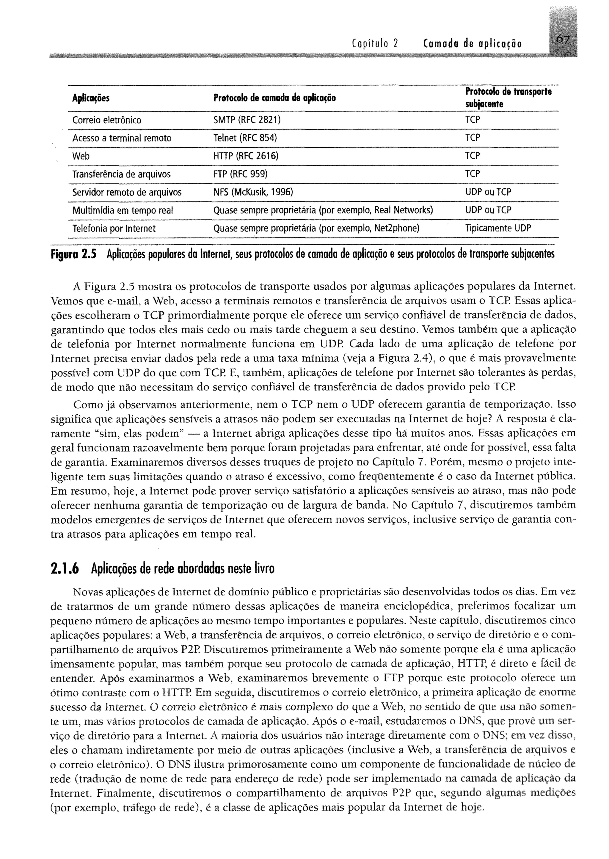 Copítulo 2 Camada de aplicação 67
Aplicações Protocolo de camada de aplicação
Protocolo de transporte
subjacente
Correio eletrônico SMTP (RFC 2821) TCP
Acesso a term inal remoto Telnet (RFC 854) TCP
W eb HTTP (RFC 2616) TCP
Transferência de arquivos FTP (RFC 959) TCP
Servidor remoto de arquivos NFS (McKusik, 1996) U D Pou TCP
M ultim ídia em tem po real Quase sempre proprietária (por exemplo, Real Networks) U D Pou TCP
Telefonia por Internet Quase sempre proprietária (por exemplo, Net2phone) Tipicamente UDP
Figura 2.S Aplicações populares da Internet seusprotocolos de camada de aplicação eseusprotocolos detransporte subjacentes
Á Figura 2.5 mostra os protocolos de transporte usados por algumas aplicações populares da Internet.
Vemos que e-mail, a Web, acesso a terminais remotos e transferência de arquivos usam o TCP. Essas aplica­
ções escolheram o TCP primordialmente porque ele oferece um serviço confiável de transferência de dados,
garantindo que todos eles mais cedo ou mais tarde cheguem a seu destino. Vemos também que a aplicação
de telefonia por Internet normalmente funciona em UDP Cada lado de uma aplicação de telefone por
Internet precisa enviar dados pela rede a uma taxa mínima (veja a Figura 2.4), o que é mais provavelmente
possível com UDP do que com TCP. E, também, aplicações de telefone por Internet são tolerantes às perdas,
de modo que não necessitam do serviço confiável de transferência de dados provido pelo TCP.
Como já observamos anteriormente, nem o TCP nem o UDP oferecem garantia de temporização. Isso
significa que aplicações sensíveis a atrasos não podem ser executadas na Internet de hoje? A resposta é cla­
ramente “sim, elas podem” — a Internet abriga aplicações desse tipo há muitos anos. Essas aplicações em
geral funcionam razoavelmente bem porque foram projetadas para enfrentar, até onde for possível, essa falta
de garantia. Examinaremos diversos desses truques de projeto no Capítulo 7. Porém, mesmo o projeto inte­
ligente tem suas limitações quando o atraso é excessivo, como frequentemente é o caso da Internet pública.
Em resumo, hoje, a Internet pode prover serviço satisfatório a aplicações sensíveis ao atraso, mas não pode
oferecer nenhuma garantia de temporização ou de largura de banda. No Capítulo 7, discutiremos também
modelos emergentes de serviços de Internet que oferecem novos serviços, inclusive serviço de garantia con­
tra atrasos para aplicações em tempo real.
2 .1 .6 Aplicações de rede abordadas neste livro
Novas aplicações de Internet de domínio público e proprietárias são desenvolvidas todos os dias. Em vez
de tratarmos de um grande número dessas aplicações de maneira enciclopédica, preferimos focalizar um
pequeno número de aplicações ao mesmo tempo importantes e populares. Neste capítulo, discutiremos cinco
aplicações populares: a Web, a transferência de arquivos, o correio eletrônico, o serviço de diretório e o com­
partilhamento de arquivos P2E Discutiremos primeiramente a Web não somente porque ela é uma aplicação
imensamente popular, mas também porque seu protocolo de camada de aplicação, HTTP, é direto e fácil de
entender. Após examinarmos a Web, examinaremos brevemente o FTP porque este protocolo oferece um
ótimo contraste com o HTTP Em seguida, discutiremos o correio eletrônico, a primeira aplicação de enorme
sucesso da Internet. O correio eletrônico é mais complexo do que a Web, no sentido de que usa não somen­
te um, mas vários protocolos de camada de aplicação. Após o e-mail, estudaremos o DNS, que provê um ser­
viço de diretório para a Internet. A maioria dos usuários não interage diretamente com o DNS; em vez disso,
eles o chamam indiretamente por meio de outras aplicações (inclusive a Web, a transferência de arquivos e
o correio eletrônico). O DNS ilustra primorosamente como um componente de funcionalidade de núcleo de
rede (tradução de nome de rede para endereço de rede) pode ser implementado na camada de aplicação da
Internet. Finalmente, discutiremos o compartilhamento de arquivos P2P que, segundo algumas medições
(por exemplo, tráfego de rede), é a classe de aplicações mais popular da Internet de hoje.
 
