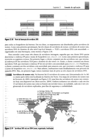 Capítulo 2 Contado de aplicação 9 9
servidores DNS rai
I
servidores DNS com servidores DNS ory serv'dores DNS eau
servidores DNS servidores DNS servidores
yahoo.tom am azon.com DNS pbs org
servidores DNS servidores DNS
poly.edu uniúss.edu
Figura 2 .1 8 Parte da hierarquia de servidores DNS
para todos os hospedeiros da Internet. Em vez disso, os mapeamentos são distribuídos pelos servidores de
nomes. Como uma primeira aproximação, há três classes de servidores de nomes: servidores de nomes raiz,
servidores DNS de domínio de alto nível (top-level domain — TLD) e servidores DNS com autoridade —
organizados em uma hierarquia, como mostra a Figura 2.18.
Para entender como essas três classes de servidores interagem, suponha que um cliente D N S queira
determinar o endereço IP para o nome de hospedeiro www. amazon . com. Como uma primeira aproximação,
ocorrerão os seguintes eventos. Em primeiro lugar, o cliente contatará um dos servidores raiz, que retorna­
rá endereços IP dos servidores T L D para o domínio de alto nível com. Então, o cliente contatará um desses
servidores T L D , que retornará o endereço IP de um servidor com autoridade para amazon. com. Finalmente,
o cliente contatará um dos servidores com autoridade para amazon.com, que retomará o endereço IP para
o nome de hospedeiro www. amazon . com. Mais adiante, analisaremos mais detalhadamente esse processo de
consulta DNS. Mas, em primeiro lugar, vamos examinar mais de perto as três classes de servidores DNS.
Servidores de nomes raiz. Na Internet há 13 servidores de nomes raiz (denominados de A a M)
e a maior parte deles está localizada na América do Norte. Um mapa de servidores de nomes raiz
de fevereiro de 2004 é mostrado na Figura 2.19; uma lista dos servidores de nomes raiz existen­
tes hoje está disponível em [Root-servers, 2004]. Embora tenhamos nos referido a cada um dos
13 servidores de nomes raiz como se fossem um servidor único, na realidade, cada um é um con­
glomerado de servidores replicados, para fins de segurança e confiabilidade.
!;>-•
V;
v;:-
';P;>
e. NASA M t Vic-v. CA
f. interneJ^oÊtwa
Paio Âlí
(e outras 17
b. USC-ISI M arina dei Re*
I. ICANN M arina dei Re
r a
a. Verisign, Dulles, VA
c. Cogent, Herndon, V A (tam bém Los Angeles)
d. U M aryland College Park, M D
9- US DoD Vienna, VA
h. ARL Aberdeen, M D
j- V o n sicjn íH locaüz-ir.rcO
- i. A uton om ies Estoioim o
/ ■ (mais Ires outras localizações)
k. RIPE- London
(tam bém Amsterdã,
m. ‘./ID E Tóquio
SW;
' -.li:
w l
V/.-
>
2 .1 9 Servidores DNS raiz era 2004 (nome, organização, localização)
 