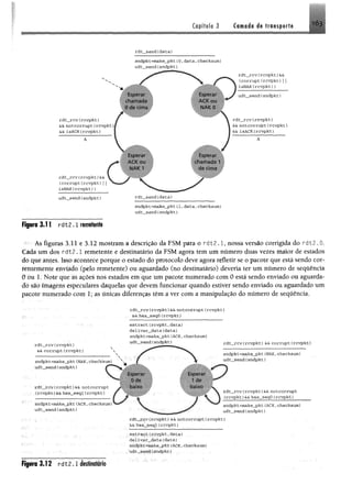 Capítulo 3 Camada de transporte 1Ó3
i
rdt_.send{data)
sndpkt=make__pkt(0,data,checksum)
udt__send{sndpkt)
rdt_rcv(rcvpkt)
&& notcorrupt(rcvpkt)
&& isACK(rcvpkt)
rdt__rcv(rcvpkt}&&
(corrupt(rcvpkt)j
isNAK(rcvpkt))
udt__send(sndpkt)
3 . 1 1 r d t 2 .1 remetente
EspC'ctr
chamada
0 de cima
Esperan
ACK nu
1 1 1
,r
■
MÊmKÊSÊ
ACK ou
 ■ 0
Esperar
tham ãda 1
cie í ima
rdt__send(data)
sndpkt=make_pkt(1 ,data,checksum)
udt__send (sndpkt)
rdt_rcv(rcvpkt)&&
(corrupt(rcvpkt)j
isNAK(rcvpkt))
udt_sendIsndpkt)
rdt__rcv(rcvpkt)
&& notcorrupt(rcvpkt)
&& isACK(rcvpkt)
As figuras 3,11 e 3.12 mostram a descrição da FSM para o rdt2.1, nossa versão corrigida do rdt2.0.
Cada um dos rdt2.1 remetente e destinatário da FSM agora tem um número duas vezes maior de estados
do que antes. Isso acontece porque o estado do protocolo deve agora refletir se o pacote que está sendo cor-
rememente enviado (peio remetente) ou aguardado (no destinatário) deveria ter um número de seqüêncía
0 ou 1. Note que as ações nos estados em que um pacote numerado com 0 está sendo enviado ou aguarda­
do são imagens especulares daquelas que devem funcionar quando estiver sendo enviado ou aguardado utn
pacote numerado com 1; as únicas diferenças têm a ver com a manipulação do número de seqúência.
rdt__rcv(rcvpkt)
&Sccorrupt (rcvpkt)
rdt_rcv(rcvpkt)&& notcorrupt (rcvpkt)
&& has„seqO (rcvpkt)
extract(rcvpkt,data)
deliver_data(data)
sndpkt=make_pkt (ACK,checksum)
udt_send(sndpkt)
sndpkt=make_pkt (NAK,checksum)
udt_send(sndpkt)
rdt_rcv (rcvpkt)&& notcorrupt
(rcvpkt)&& has__seql(rcvpkt)
sndpkt=máke_pkt (ACK,checksum)
udt„send(sndpkt)
rdt_rcv(rcvpkt)&& corrupt(rcvpkt)
sndpkt=make__pkt (NAK,checksum)
udt_send(sndpkt)
rdt_rcv(rcvpkt)&& notcorrupt
(rcvpkt)ScSchas_seqO (rcvpkt)
sndpkt=make„pkt (ACK,checksum)
udt„send(sndpkt)
rdt_rcv (rcvpkt). && notcorrupt (rcvpkt)
has_seql (rcvpkt)
extract(rcvpkt,data)
deliver_dafca(data)
sndpkt=make__pkt (ACK, checksum)
udt„send(sndpkt)
Figura 3.12 r d tz . 1 destínatàrio
 