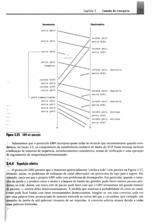 Capítulo 3 tr in ip tr fî 173
C -
~'/*V
ní-
Remetente Destinatário
recebe pktO
envia ACKO
recebe pktl
envia ACK1
recebe pkt3,
envia ACK1
recebe pkt4,
envia ACKl
recebe p k t5 ,
envia ACKl
recebe pkt2,
envia ACK2
recebe pkt3,
envia ACK3
descarta
descarta
descarta
entrega
entrega
F ig m 3 .2 2 GBN em operaçõo
Salientamos que o protocolo GBN incorpora quase todas as técnicas que encontraremos quando estu­
darmos, na Seção 3.5, os componentes de transferência confiável de dados do TCF Essas técnicas incluem
iáttiiiaçio de números de sequência, reconhecimentos cumulativos, somas de verificação e uma operação
éè esgotamento de temporização/retransmissão.
3.4.4 Repetição seletivo
O protocolo GBN permite que o remetente potencialmente “encha a rede” com pacotes na Figura 3.17,
«Mtando, assim, os problemas de utilização de canal observados em protocolos do tipo pare e espere. Há,
Cifttúdo, casos em que o próprio GBN sofre com problemas de desempenho. Em particular, quando o tama~
ijpq;da janela e o produto entre o atraso e a largura de banda são grandes, pode haver muitos pacotes pen­
dentes na rede. Assim, um único erro de pacote pode fazer com que o GBN retransmita um grande número
de pacotes — muitos deles desnecessariamente. À medida que aumenta a probabilidade de erros 1 10 canal,
a rede pode ficar lotada com essas retransmissões desnecessárias. Imagine se, em uma conversa, toda mz
que uma palavra fosse pronunciada de maneira truncada as outras míl que a circundam (por exemplo, um
iamanho de janela de mil palavras) tivessem de ser repetidas. A conversa sofreria atrasos devido a todas
essas palavras reiteradas.
 