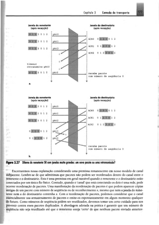 Capitulo 3 Citnné# á« transporte
Janela do remetente
(após recepção)
3 0 1 2
3 0 1 2
3 0 1 2
timeout
retransmite pktO
3 0 1 2
PktO
p ktl
pkt2
■ T i
/ I
pktO
Janela d© remetente
(após recepção)
Janela d© destinatário
(após recepção)
ACKO 0 1 2
ACK1 0 1 2
ACK2 0 !2
recebe pacote
com número de seqüência 0
Janela do destinatário
(após recepção)
ACKO 0 1 2
ACK1 0 1 2
ACK2 0 1 2
recebe pacote
com número de seqüência 0
b.
Figura 3 .2 7 Dilema do remetente S I com (anelos muito grandes: um novo pacote ou uma retransmissão?
Encerraremos nossa explanação considerando uma premissa remanescente em nosso modelo de canal
subjacente. Lembre-se de que admitimos que pacotes não podem ser reordenados dentro do canal entre o
remetente e o destinatário. Esta é uma premissa em geral razoável quando o remetente e o destinatário estio
Conectados por um único fio físico. Contudo, quando o ‘canal’ que está conectando os dois é uma rede, pode
Ocorrer reordenação de pacotes. Uma manifestação da reordenação de pacotes é que podem aparecer cópias
antigas de um pacote com número de seqüência ou de reconhecimento x, mesmo que nem a janela do feme-
Lcnte nem a do destinatário contenha x. Com a reordenação de pacotes, podemos considerar que o canal
cssendalmente usa armazenamento de pacotes e emite-os espontaneamente em algum momento qualquer
do futuro. Como números de seqüência podem ser reutilizados, devemos tomar um certo cuidado para nos
prevenir contra esses pacotes duplicados. A abordagem adotada na prática é garantir que um número de
seqüência não seja reutilizado até que o remetente esteja ‘certo’ de que nenhum pacote enviado anterior-
 