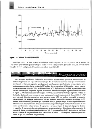 186 Redes de computadores @o Internet
Figura 3J2 Amostrasde KTTs§fHs «tlmados
Note que DevRTT é uma MMEP da diferença entre SampleRTT e EstimatedRTT. Se os valores de
Sampl eRTT apresentarem pouca variação, então DevRTT será pequeno; por outro lado, se houver muita
variação, DevRTT será grande. O valor recomendado para P é 0,25.
O TCP fornece transferência confiável de dados usando reconhecimentos positivos e temporizadores, de
modo muito parecido com o que estudamos na Seção 3.4. O protocolo reconhece dados que foram recebidos
corretamente e retransmite segmentos quando entende que eles ou seus reconhecimentos correspondentes foram
perdidos ou corrompidos. Certas versões do TCP também têm um mecanismo N A K implícito — com o mecanis­
mo de retransmissão rápida do TCP, o recebimento de três ACKs duplicados para um dado segmento serve como
um N A K implícito para o segmento seguinte, acionando a retransmissão daquele segmento antes que o tempo
se esgote. O TCP usa números de sequência para permitir que o destinatário identifique segmentos perdidos ou
duplicados. Exatamente como no caso de nosso protocolo de transferência confiável de dados r d t 3 .0, o TCP
em si não pode determinar com certeza se um segmento, ou seu A CK, está perdido, corrompido ou excessiva­
mente atrasado. No remetente, a resposta do TCP será a mesma: retransmitir o segmento em questão. O TCP
também utiliza paralelismo, permitindo que o remetente tenha, a qualquer tempo, múltiplos segmentos transmi­
tidos mas ainda não reconhecidos. Vimos qnteriormenfe que o paralelismo pode melhorar muito a vazão de uma
sessão quando a razão entre o tamanho do segmento e o atraso de viagem de ida e volta é pequena. O núme­
ro específico de segmentos não reconhecidos que um remetente pode ter é determinado pelos mecanismos de
controle de fluxo e controle de congestionamento do TCP. O controle de fluxo do TCP é discutido no final desta
seção; o controle de congestionamento do TCP é discutido na Seção 3.7. Por enquanto, devemos apenas ficar
cientes de que o TCP remetente usa paralelismo.
 
