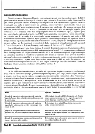 Capítulo 3 Camaét-'d* transporta 19 1
Duplicação do tempo de expiração
Discutiremos agora algumas modificações empregadas por grande parte das implementações do TCP À
primeira refere-se à duração do tempo de expiração após a expiração de um temporizador, Nessa modifica­
ção, sempre que ocorre o evento de expiração do temporizador, o TCP retransmite o segmento ainda iiio
reconhecido que tenha o menor número de sequência, como descrevemos anteriormente. Mas, a cada
retransmissão, o TCP ajusta o próximo tempo de expiração para o dobro do valor anterior em vez de deri­
vá-lo dos últimos EstimatedRTT e DevRTT (como descrito na Seção 3.53). Por exemplo, suponha que 0
Timeoutlnterval associado com o mais antigo segmento ainda não reconhecido seja 0,75 segundo quan­
do o temporizador expirar pela primeira vez. OTCP então retransmite esse segmento e ajusta o novo tempo
dé expiração para 1,5 segundo. Se o temporizador expirar novamente 1,5 segundo mais tarde, o TCP
retransmitirá novamente esse segmento, agora ajustando o tempo de expiração para 3,0 segundos. Assim, o
tempo aumenta exponencialmente após cada retransmissão. Todavia, sempre que o temporizador é inicia­
do após qualquer um dos outros dois eventos (isto é, dados recebidos da aplicação acima e ACK recebido),
ó Timeoutlnterval será derivado dos valores mais recentes de EstimatedRTT e DevRTT.
Essa modificação provê uma forma limitada de controle de congestionamento. (Maneiras mais abran­
gentes de controle de congestionamento TCP serão estudadas na Seção 3.7). A causa mais provável da expi­
ração do temporizador é o congestionamento na rede, isto é, um número muito grande de pacotes chegan­
do a uma (ou mais) fila de roteadores no caminho entre a fonte e o destino, o que provoca descarte de
pacotes e/ou longos atrasos de fila. Se as fontes continuarem a retransmitir pacotes persistentemente duran­
te um congestionamento, ele pode piorar. Para que isso não aconteça, o TCP age mais educadamente; cada
remetente retransmite após intervalos cada vez mais longos. Veremos que uma idéia semelhante a essa é uti­
lizada pela Ethernet, quando estudarmos CSMA/CD no Capítulo 5.
Retransmissão rápida
Um dos problemas de retransmissões acionadas por expiração de temporizador é que o período de expi­
ração pode ser relativamente longo. Quando um segmento é perdido, esse longo período força o remetente
a atrasar o reenvio do pacote perdido, consequentemente aumentando o atraso fim-a-fim. Felizmente, o
remetente pode com freqüência detectar perda de pacote bemantes de ocorrer o evento de expiração, obser­
vando os denominados ACKs duplicados, Um ACK duplicado é um ACK que reconhece novamente um
segmento para o qual o remetente já recebeu um reconhecimento anterior. Para entender a resposta do
remetente a um ACK duplicado, devemos examinar por que o destinatário envia um ACK duplicado em pri­
meiro lugar. A Tabela 3.2 resume a política de geração de ACKs do TCP destinatário [RFC 1122, RFC 2581].
Evento Ação do TCP Destinatário
Chegada de segmento na ordem com número de sequência
esperado.Todos os dados até o número de seqüência esperado
já reconhecidos.
ACK retardado. Espera de até 500 milissegundos pela chegada
de um outro segmento na ordem. Se o segmento seguinte na
ordem não chegar nesse intervalo, envia um ACK.
Chegada de segmento na ordem com número de seqüência
esperado. Um outro segmento na ordem esperando por trans­
missão de ACK.
Envio im ediato de um único ACK cumulativo, reconhecendo
ambos os segmentos na ordem.
Chegada de um segmento fora da ordem com número de
seqüência mais alto do que o esperado. Lacuna detectada.
Envio im ediato de um ACK duplicado, indicando número de
seqüência do byte seguinte esperado (que é a extrem idade mais
baixa da lacuna).
, Chegada de um segmento que preenche, parcial ou com pleta-
m ente, a lacuna nos dados recebidos.
Envio im ediato de um ACK, contanto que o segmento comece na
extrem idade mais baixa da lacuna.
7 ' ............. ............’............................— ........................................................... ........" ........................... .................
M elo 3 .2 Recomendação para geração de ACKsTCP[RFC1122, RFC 2581]
 