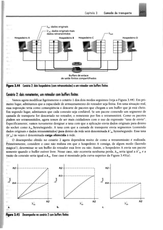 Capítulo 3 Camada de transporte 2 0 1
Figura 3.44 Cenário 2: dois hospedeiros (com retransmissões) e um roteador com buffers finitos
Cenário 2:dois remetentes, um roteador com buffersfinitos
Vamos agora modificar ligeiramente o cenário 1 dos dois modos seguintes (veja a Figura 3.44). Em pri­
meiro lugar, admitamos que a capacidade de armazenamento do roteador seja finita. Em uma situação real,
e$sa suposição teria como consequência o descarte de pacotes que chegam a um buffer que jã está cheio.
Em segundo lugar, admitamos que cada conexão seja confiável. Se um pacote contendo um segmento de
camada de transporte for descartado no roteador, o remetente por fim o retransmitirá. Como os pacotes
podem ser retransmitidos, agora temos de ser mais cuidadosos com o uso da expressão “taxa de envio”.
Especificamente, vamos novamente designar a taxa com que a aplicação envia dados originais para dentro
do socket como Àin bytes/segundo. A taxa com que a camada de transporte envia segmentos (contendo
dados originais e dados retransmitidos) para dentro da fede será denominada Àn bytes/segundo. Essa taxa
(k!in) às vezes é denominada carga oferecida à rede.
* O desempenho obtido no cenário 2 agora dependerá muito de como a retransmissão é realizada.
Primeiramente, considere o caso não realista em que o hospedeiro A consiga, de algum modo (fazendo
mágica!), determinar se um buffer do roteador está livre ou não. Assim, o hospedeiro A envia um pacote
comente quando o buffer estiver livre. Nesse caso, não ocorreria nenhuma perda, Àinseria igual a À'in e a
yazio da conexão seria igual a Àifl, Esse caso é mostrado pela curva superior da Figura 3.45(a).
Figura3 .4 5 dmmpâm m cenário 2 com M e rs finîtes
 