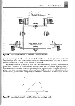 Capítulo 3 Camada de transporte
Figura 3.46 Quatro remetentes, roteadores combuffers finitos etrajetos comvários saltos
preenchido por um pacote B~D e a vazão da conexão A-C em R2 cai a zero. Isso, por sua vez, implica que
a vazão fim-a-fim de A-C vai a zero no limite de tráfego pesado. Essas considerações dão origem ao compor­
tamento da carga oferecida versus a vazão mostrada na Figura 3.47.
A razão para o eventual decréscimo da vazão com o crescimento da carga oferecida é evidente quando
consideramos a quantidade de trabalho desperdiçado realizado pela rede. No cenário de alto tráfego que aca­
bamos de descrever, sempre que um pacote é descartado em um segundo roteador, o trabalho realizado pelo
primeiro para enviar o pacote ao segundo acaba sendo ‘desperdiçado’. A rede teria se saído igualmente bem
(melhor dizendo, igualmente mal) se o primeiro roteador tivesse simplesmente descartado aquele pacote e
Figuro 3 .4 7 Desempenho obtido no cenário 3, com b u f e finitos e trajetos com múltiplos roteadores
 