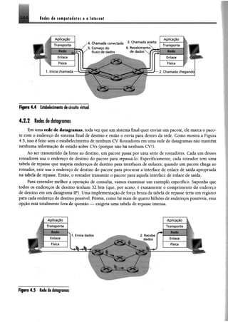 !«J«s á» tom piitsdores e o In tern et
■
R p r a 4 .4 Estabelecimento de circuito virtual
4.1.2 ledes d® datagramas
Em uma rede de datagramas, toda vez que um sistema final quer enviar um pacote, ele marca o paco­
te com o endereço do sistema final de destino e então o envia para dentro da rede. Como mostra a Figura
4.5, isso é feito sem o estabelecimento de nenhum CV Roteadores em uma rede de datagramas não mantêm
nenhuma informação de estado sobre CVs (porque não há nenhum CV!).
Ao ser transmitido da fonte ao destino, um pacote passa por uma série de roteadores. Cada um desses
roteadores usa o endereço de destino do pacote para repassá-lo. Especificamente, cada roteador tem uma
tabela de repasse que mapeia endereços de destino para interfaces de enlaces; quando um pacote chega ao
roteador, este usa o endereço de destino do pacote para procurar a interface de enlace de saída apropriada
na tabela de repasse. Então, o roteador transmite o pacote para aquela interface de enlace de saída.
Para entender melhor a operação de consulta, vamos examinar um exemplo específico. Suponha que
todos os endereços dé destino tenham 32 bits (que, por acaso, é exatamente o comprimento do endereço
de destino em um datagrama IP). Uma implementação de força bruta da tabela de repasse teria um registro
para cada endereço de destino possível Porém, cojbo há mais de quatro bilhões de endereços possíveis, essa
opção está totalmente fora de questão — exigiria uma tabela de repasse imensa.
Figura 4J Rttb h fktogremcts
 