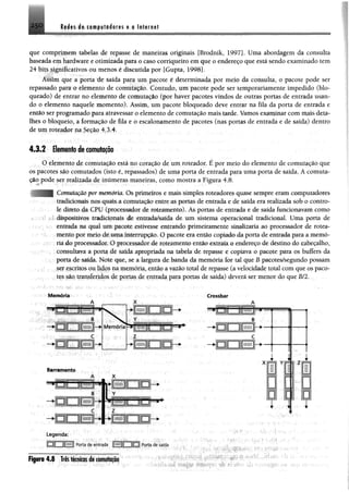 Redes de computadores e a Internet
í
que comprimem tabelas de repasse de maneiras originais [Brodnik, 1997]. Uma abordagem da consulta
baseada em hardware e otimizada para o caso corriqueiro em que o endereço que está sendo examinado tem
24 bits significativos ou menos é discutida por fGupta, 1998].
Assim que a porta de saída para um pacote é determinada por meio da consulta, o pacote pode ser
repassado para o elemento de comutação. Contudo, um pacote pode ser temporariamente impedido (blo­
queado) de entrar no elemento de comutação (por haver pacotes vindos de outras portas de entrada usan­
do o elemento naquele momento). Assim, um pacote bloqueado deve entrar na fila da porta de entrada e
então ser programado para atravessar o elemento de comutação mais tarde. Vamos examinar com mais deta­
lhes o bloqueio, a formação de fila e o escalonamento de pacotes (nas portas de entrada e de saída) dentro
de um roteador na Seção 4.3.4.
4.3.2 Elemento de comutação
O elemento de comutação está no coração de um roteador. É por meio do elemento de comutação que
os pacotes são comutados (isto é, repassados) de uma porta de entrada para uma porta de saída. A comuta­
ção pode ser realizada de inúmeras maneiras, como mostra a Figura 4.8.
mutação por memória. Os primeiros e mais simples roteadores quase sempre eram computadores
tradicionais nos quais a comutação entre as portas de entrada e de saída era realizada sob o contro­
le direto da CPU (processador de roteamento). As portas de entrada e de saída funcionavam como
dispositivos tradicionais de entrada/saída de um sistema operacional tradicional. Uma porta de
entrada na qual um pacote estivesse entrando primeiramente sinalizaria ao processador de rotea­
mento por meio de uma interrupção. O pacote era então copiado da porta de„entradapara a memó­
ria do processador. O processador de roteamento então extraía o endereço de destino do cabeçalho,
consultava a porta de saída apropriada na tabela dc repasse e copiava o pacote para os buffers da
porta de saída. Note que, se a largura de banda da memória for tal que B pacotes/segundo possam
ser escritos ou lidos na memória, então a vazão total de repasse (a velocidade total com que os paco­
tes são transferidos de portas dc entrada para portas de saída) deverá ser menor do que B/2. ;
Memória Crossbar
■ c o a
138f~~fS1
B O D
g j T Q n -
II ]-
Barramento
■ | ü ]C Z l o
Legenda:
D □ f H f l Porta de entrada Rortadêsaída
Elaiiii« ík O T.£» J . ____.1__—-
rig u ra 4 .o Ires técnicas ae comutaçao
 