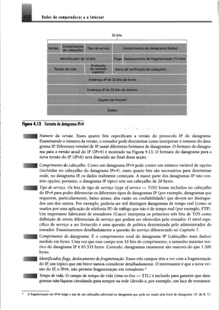 It á a s è$ m m m t n iú m e a Internet
32 b its
- — — — — — --------^----------- ---------------------------------------- 1
Versão do^dbeçaího ^"'P° serviço C om prim ento do datagram a (bytes)
Identificador de 16 bits Flags Deslocam ento de fragm entacao (13 bits)
W ÊÊÊÊÊÊIÊÊÊIÊÊÊÊÊÊÊÊÊÊÊÊÊÊÊÊÊÊÊÊÊÊÊÊÊÊÊÊÊI^m ÊÊÊM m ÊÊÊÊÊÊÊÊÊIÊÊÊÊÊÊÊÊÊÊÊÊÊÊÊÊÊÍÊÊÊÊÊÊÊÊÊÊm
Tempo de vida da camada Soma de v erific ad o do cabeçalho
W ÊÊÊÊÊÊÊÊÊÊÊÊÊÊÊÊÊÊÊÊÊÊÊÊÊm m ÊÊÊÊÊÊÊÊÊÊÊÊIÊÊÊÊm wÊÊÊÊÊÊÊÊÊÊÊÊÊÊÊÊÊÊÊÍÊÊÊÊÊÊÊÍÊÊÊÊÊÊÊÊÊÊÊÊÊÊÊÊÊÊIÊÈÊÊÊÍÊÊÊ
Fndere^o IP de 37 bits do riestmo
WÊÊÊÊÊÊÊÊÊÊÊÊÊÊÊIÊÍÊÊÊÊÊÊIÊÊÊÊÊÊÊÊÊÊÊÊÊÊÊÊÊÊtÊÊÊÊIÊÊÊÊÊÊÊÊÊÊÍIÊÊÊÊMÊÊtÊÊtÊÊÊÊÊ
Figura 4.13 Formate dodatagramaIPv4
m Comprimento do cabeçalho, Como um datagrama ÍPv4 pode conter um número variável de opções
(incluídas no cabeçalho do datagrama !Pv4), esses quatro bits são necessários para determinar
onde, no datagrama IP, os dados realmente começam. Á maior parte dos datagramas IP não con­
tém opções; portanto, o datagrama IP típico tem um cabeçalho de 20 bytes.
jHH Tipo de serviço. Os bits de tipo de serviço (type of Service — TOS) foram incluídos no cabeçalho
do IPv4 para poder diferenciar os diferentes tipos de datagramas IP (por exemplo, datagramas que
requerem, particularmente, baixo atraso, alta vazão ou confiabilidade) que devem ser distingui­
dos uns dos outros. Por exemplo, poderia ser útil distinguir datagramas de tempo real (como os
usados por uma aplicação de telefonia IP) de tráfego que não é de tempo real (por exemplo, FTP).
Um importante fabricante de roteadores (Cisco) interpreta os primeiros três bits de TOS como
definição de níveis diferenciais de serviço que podem ser oferecidos pelo roteador. O nível espe­
cífico de serviço a ser fornecido é uma questão de política determinada pelo administrador do
roteador. Examinaremos detalhadamente a questão do serviço diferenciado no Capítulo 7.
( .mprimento do datagrama. É o comprimento total do datagrama IP (cabeçalho mais dados)
medido em bytes. Uma vez que esse campo tem 16 bits de comprimento, o tamanho máximo teó­
rico do datagrama IP é 65.535 bytes. Contudo, datagramas raramente são maiores do que 1.500
bytes.
- J B I Identificador,flags, deslocamento defragmentação. Esses três campos têm a ver com a fragmentação
do IP, umtópico que embreve vamos considerar detalhadamente. OInteressante é que a novaver­
são do IP, o IPvõ, não.permite fragmentação em roteadores,*
jJJjJI Tempo de vida. O campo de tempo de vida (time~to~live — TTL) é incluído para garantir que data­
gramas nêf. fiquem circulando para sempre na rede (devido a, por exemplo, um laço de roteamen-
Número da versão. Esses quatro bits especificam a versão do protocolo IP do datagrama.
Examinando o número da versão, o roteador pode determinar como interpretar o restante do data­
grama IP. Diferentes versões de IP usam diferentes formatos de datagramas. O formato do datagra­
ma para a versão atual do IP (IPv4) é mostrado na Figura 4.13. O formato do datagrama para a
nova versão do IP (Ifvó) será discutido no final desta seção.
A fragmentação em ÍPv6 exige o Uso de um cabeçalho adicional no datagrama que pode ser usado pela fonte do datagrama. (N. do R. X)
 