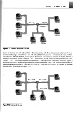 Capítulo 4 Â comedo de rede 2.Ó1
ig m 4.15 Endereçosde interfaces esub-rette
ratura da Internet, uma sub-rede também é denominada uma rede IP ou simplesmente uma rede). O ende­
reçamento IP designa um endereço a essa sub-rede: 223.1.1.0/24, no qual a notação /24, às vezes conheci­
da como uma máscara de rede, indica que os 24 bits mais à esquerda do conjunto de 32 bits definem o
endereço da sub-rede. Assim, a sub-rede 223.1.1.0/24 consiste em três interfaces de hospedeiros (223.1.1.1,
223.1.1.2 e 223.1.1.3) e uma interface de roteador (223.1.1.4). Quaisquer hospedeiros adicionais ligados à
sub-rede 223.1.1.0/24 seriam obrigados a ter um endereço na forma 223.1.1.xxx. Há duas sub-redes adicio­
nais mostradas na Figura 4.15: a sub-rede 223.1.2.0/24 e a sub-rede 223.1.3.0/24, A Figura 4.16 ilustra as
três sub-redes IP presentes na Figura 4.15.
223.1.1.0/24 223.1.2.0/24
' 223.1 3 0/24
r .
Figura 4 .1 6 Endereços desub-redes
 