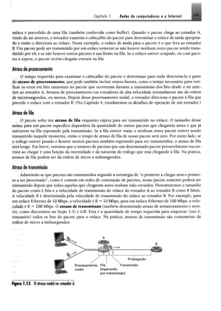 Capítulo 1 Redes i$ cemputederes t o Iftternet Jtg
mlace é precedido de uma fila (também conhecida como buffer). Quando o pacote chega ao roteador A,
vmdo do nó anterior, o roteador examina o cabeçalho do pacote para determinar o enlace de salda apropria*
do e então o direciona ao enlace. Nesse exemplo, o enlace de saída para o pacote é o que leva ao roteador
H. Um pacote pode ser transmitido por um enlace somente se não houver nenhum outro pacote sendo trans­
mitido por ele e se não houver outros pacotes à sua frente na fila, Se o enlace estiver ocupado, ou com paco-
h*s a espera, o pacote recém-chegado entrará na fila.
Âfroso de processamento
O tempo requerido para examinar o cabeçalho do pacote e determinar para onde direcioná-lo é parte
do atraso de processamento, que pode também incluir outros fatores, como o tempo necessário para veri­
ficar os erros em bits existentes no pacote que ocorreram durante a transmissão dos bits desde o nó ante­
rior ao roteador A. Atrasos de processamento em roteadores de alta velocidade normalmente são da ordem
de microssegundos, ou menos. Depois desse processamento nodal, o roteador direciona o pacote à fila que
precede o enlace com o roteador B. (No Capítulo 4, estudaremos os detalhes de operação de um roteador.)
Âíraso de fila
O pacote sofre um atraso de fila enquanto espera para ser transmitido no enlace. O tamanho desse
atraso para um pacote específico dependerá da quantidade de outros pacotes que chegarem antes e que já
i stiverem na fila esperando pela transmissão. Se a fila estiver vazia, e nenhum outro pacote estiver sendo
transmitido naquele momento, então o tempo de atraso de fila de nosso pacote será zero. Por outro lado, se
o tráfego estiver pesado e houver muitos pacotes também esperando para ser transmitidos, o atraso de fila
será longo. Em breve, veremos que o número de pacotes que um determinado pacote provavelmente encon-
irara ao chegar é uma função da intensidade e da natureza do tráfego que está chegando à fila. Na prática,
atrasos de fila podem ser da ordem de micro a milissegundos.
Atraso de transmissão
Admitindo-se que pacotes são transmitidos segundo a estratégia de “o primeiro a chegar será o primei-
to a ser processado”, como é comum em redes de comutação de pacotes, nosso pacote somente poderá ser
transmitido depois que todos aqueles que chegaram antes tenham sido enviados. Denominemos o tamanho
do pacote como L bits e a velocidade de transmissão do enlace do roteador A ao roteador B como R bits/s.
A velocidade R é determinada pela velocidade de transmissão do enlace ao roteador B. Por exemplo, para
um enlace Ethernet de 10 Mbps, a velocidade é R — 10 Mbps; para um enlace Ethernet de 100 Mbps, a velo­
cidade é R = 100 Mbps. O atraso de transmissão (também denominado atraso de armazenamento e reen­
vio, como discutimos na Seção 1.3) é UR, Esta é a quantidade de tempo requerida para empurrar (isto é,
transmitir) todos os bits do pacote para o enlace. Na prática, atrasos de transmissão são eomumente da
ordem de micro a milissegundos.
Figuro 1.13 0 ofrasomàà m roim bf Â
 
