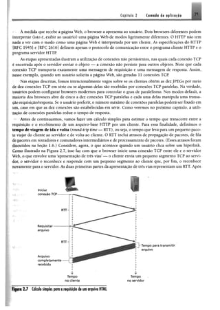 Capítulo 2 Camada de tplicifio 71
A medida que recebe a página Web, o browser a apresenta ao usuário, Dois browsers diferentes podem
interpretar (isto é, exibir ao usuário) uma página Web de modos ligeiramente diferentes. O HTTP não tem
nada a ver com o modo como uma página Web é interpretada por um cliente. As especificações do HTTP
IRÍ:C 1945] e [RFC 2616] definem apenas o protocolo de comunicação entre o programa cliente HTTP e o
programa servidor HTTP.
As etapas apresentadas ilustram a utilização de conexões não persistentes, nas quais cada conexão TCP
r encerrada após o servidor enviar o objeto — a conexão não persiste para outros objetos. Note que cada
í onexão TCP transporta exatamente uma mensagem de requisição e uma mensagem de resposta. Assim,
nesse exemplo, quando um usuário solicita a página Web, são geradas 11 conexões TCP.
Nas etapas descritas, fomos intencionalmente vagos sobre se os clientes obtêm as dez JPEGs por meio
de dez conexões TCP em série ou se algumas delas são recebidas por conexões TCP paralelas. Na verdade,
usuários podem configurar browsers modernos para controlar o grau de paralelismo. Nos modos default, a
maioria dos browsers abre de cinco a dez conexões TCP paralelas e cada uma delas manipula uma transa­
ção requisição/resposta. Se o usuário preferir, o número máximo de conexões paralelas poderá ser fixado em
um, caso em que as dez conexões são estabelecidas em série. Como veremos no próximo capítulo, a utili­
zação de conexões paralelas reduz o tempo de resposta.
Antes de continuarmos, vamos fazer um cálculo simples para estimar o tempo que transcorre entre a
requisição e o recebimento de um arquivo-base HTTP por um cliente. Para essa finalidade, definimos o
tempo de viagem de ida e volta (round-trip time — RTT), ou seja, o tempo que leva para um pequeno paco­
te viajar do cliente ao servidor e de volta ao cliente. O RTT inclui atrasos de propagação de pacotes, de fila
de pacotes em roteadores e comutadores intermediários e de processamento de pacotes. (Esses atrasos foram
discutidos na Seção 1.6.) Considere, agora, o que acontece quando um usuário clica sobre um hiperlink.
( ,omo ilustrado na Figura 2.7, isso faz com que o browser inicie uma conexão TCP entre ele e o servidor
Web, o que envolve uma ‘apresentação de três vias?— o cliente envia um pequeno segmento TCP ao servi­
dor, o servidor o reconhece e responde com um pequeno segmento ao cliente que, por fim, o reconhece
novamente para o servidor. As duas primeiras partes da apresentação de três vias representam um RTT. Após
r
Iniciar __
no c lie n te no servidor
Figur» 2J Cálculosimples para a requisiçãode umarquivo HTML
 