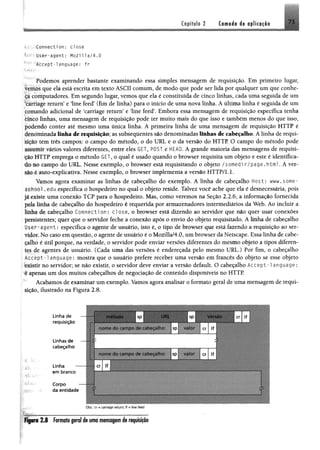 7 3Capítulo 2 Camada de aplicação
Connection: d o s e
User-agent: Mozilla/4.0
Accept-language: fr
Podemos aprender bastante examinando essa simples mensagem de requisição. Em primeiro lugar,
vemos que ela está escrita em texto ASCII comum, de modo que pode ser lida por qualquer um que conhe­
ça computadores. Em segundo lugar, vemos que ela é constituída de cinco linhas, cada uma seguida de um
tarriage return’ e line feed’ (fim de linha) para o início de uma nova linha. A última linha é seguida de um
í ornando adicional de ‘carriage return’ e line feed’. Embora essa mensagem de requisição específica tenha
cinco linhas, uma mensagem de requisição pode ter muito mais do que isso e também menos do que isso,
podendo conter até mesmo uma única linha. A primeira linha de uma mensagem de requisição HTTP é
denominada linha de requisição; as subsequentes são denominadas linhas de cabeçalho. A linha de requi­
sição tem três campos: o campo do método, o do URL e o da versão do HTTP. O campo do método pode
.issumir vários valores diferentes, entre eles GET, POST e HEAD. A grande maioria das mensagens de requisi-
. do HTTP emprega o método GET, o qual é usado quando o browser requisita um objeto e este é identifica­
do no campo do URL. Nesse exemplo, o browser está requisitando o objeto /somedi r/page. html. A ver-
uo e auto-explicativa. Nesse exemplo, o browser implementa a versão HTTP/l.L
Vamos agora examinar as linhas de cabeçalho do exemplo. A linha de cabeçalho Host: www. sorrte-
chool. edu especifica o hospedeiro no qual o objeto reside. Talvez você ache que ela é desnecessária, pois
u existe uma conexão TCP para o hospedeiro. Mas, como veremos na Seção 2.2.6, a informação fornecida
pela linha de cabeçalho do hospedeiro é requerida por armazenadores intermediários da Web. Ao incluir a
linha de cabeçalho Connecti on: cl ose, o browser está dizendo ao servidor que não quer usar conexões
persistentes; quer que o servidor feche a conexão após o envio do objeto requisitado. A linha de cabeçalho
nser~agent: especifica o agente de usuário, isto é, o tipo de browser que está fazendo a requisição ao ser­
vidor. No caso em questão, o agente de usuário é o Mozilla/4.0, um browser da Netscape. Essa linha de cabe­
çalho é útil porque, na verdade, o servidor pode enviar versões diferentes do mesmo objeto a tipos díferen-
rrs de agentes de usuário. (Cada uma das versões é endereçada pelo mesmo URL.) Por fim, o cabeçalho
írcept-l anguage: mostra que o usuário prefere receber uma versão em francês do objeto se esse objeto
existir no servidor; se não existir, o servidor deve enviar a versão default. O cabeçalho Accept-language:
* apenas um dos muitos cabeçalhos de negociação de conteúdo disponíveis no HTTP.
Acabamos de examinar um exemplo. Vamos agora analisar o formato geral de uma mensagem de requi­
sição, ilustrado na Figura 2.8.
Linha de
requisição
m étodo , sp UfU sp i Versão rr i :i* sp | versa
nom e do campo cie cabeçalho I sp valor < |f
Unhas de —
cabeçalho
Linha
em branco
Corpo
da entidade
nom e do campo de ceabecaiho. sp MBMMIhMBMcr If 1
— - 1 1
Obs.: cr« carriage return; If - line feed
Figura 2 .8 Formato geral de uma mensagem de requisição
 