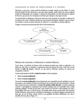 I N T R O D U Ç Ã O   A S   R E D E S     D E    C O M P U T A D O R E S            E      A   I N T E R N E T


direcionar a carta para o centro postal do Brasil (por exemplo, situado em São Paulo). O centro
postal do Brasil vai então direcionar a carta para Santa Catarina, estado destino da carta (na agência
central de Florianópolis, por exemplo). A agência de Florianópolis vai então direcioná-la a agência
de São José, que por sua vez vai repassar ao carteiro para entregar a carta aqui na escola.
Na rede baseada em datagrama, cada pacote atravessa a rede contendo no cabeçalho o endereço do
nó destino, que como o endereço postal, tem uma estrutura hierárquica. Quando o pacote chega a
um roteador, o mesmo examina uma parte do endereço e o encaminha ao roteador adjacente.
A figura 1.6 mostra uma taxonomia das redes de telecomunicações.

                                                      Redes de
                                                  Telecomunicações




              Redes a comutação de circuitos                                Redes a comutação de pacotes
                 Ex.: Sistema Telefônico                                     Ex.: Redes de computadores




                                                  Redes com circuito virtual                        Redes datagrama
                                                 Ex.: X.25, frame relay, ATM                         Ex.: Internet


                                     Figura 1.6. Taxonomia das redes de telecomunicações




Redes de acesso a Internet e meios físicos
Como vimos, na periferia da Internet estão os sistemas terminais que rodam as aplicações e no
núcleo da rede estão os roteadores, responsáveis pela interconexão das redes. Neste item vamos
abordar as redes de acesso a Internet, ou seja, quais as diferentes maneiras de conectar um
computador a Internet.
Grosso modo podemos dividir as redes de acesso em duas categorias:
    Redes de acesso residencial;
    Redes de acesso corporativo.
Uma rede de acesso residencial conecta tipicamente um computador pessoal, instalado na casa de
um usuário, a um roteador de borda, provavelmente de um provedor de acesso doméstico. A forma
mais comum de acesso residencial é o acesso via modem e linha discada. O modem residencial
converte o sinal digital do computador num formato analógico para ser transmitido sobre a linha
telefônica analógica. No lado do provedor, outro modem vai converter o sinal analógico de volta a
forma digital. Neste caso, a rede de acesso é um simples enlace ponto-a-ponto sobre o par trançado
da linha telefônica. Em termos de velocidade de transmissão, os modems analógicos transmitem em
taxas que vão até 56 Kbps, todavia, devido à má qualidade das linhas, dificilmente este valor é
atendido de forma plena. (Figura 1.7)
                                                              11
 